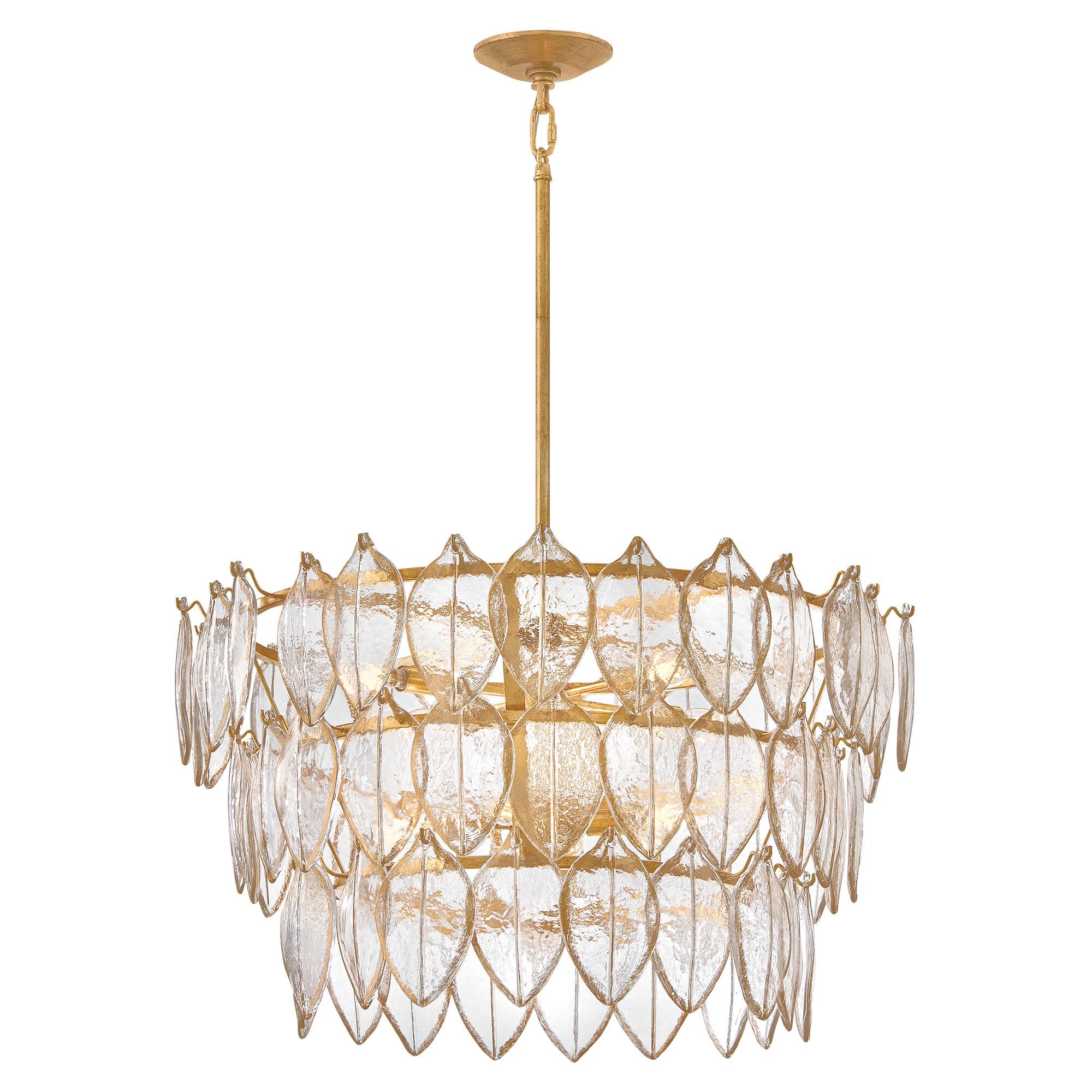 Shown in Distressed Brass finish and Clear Pressed glass