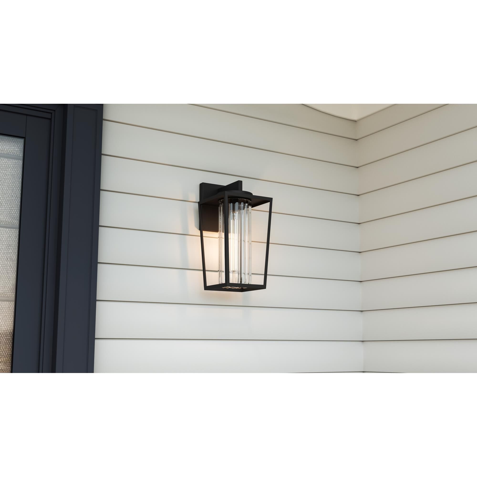 Shown in Matte Black finish and Clear with Ribbed Interior, Clear Tempered Panel glass