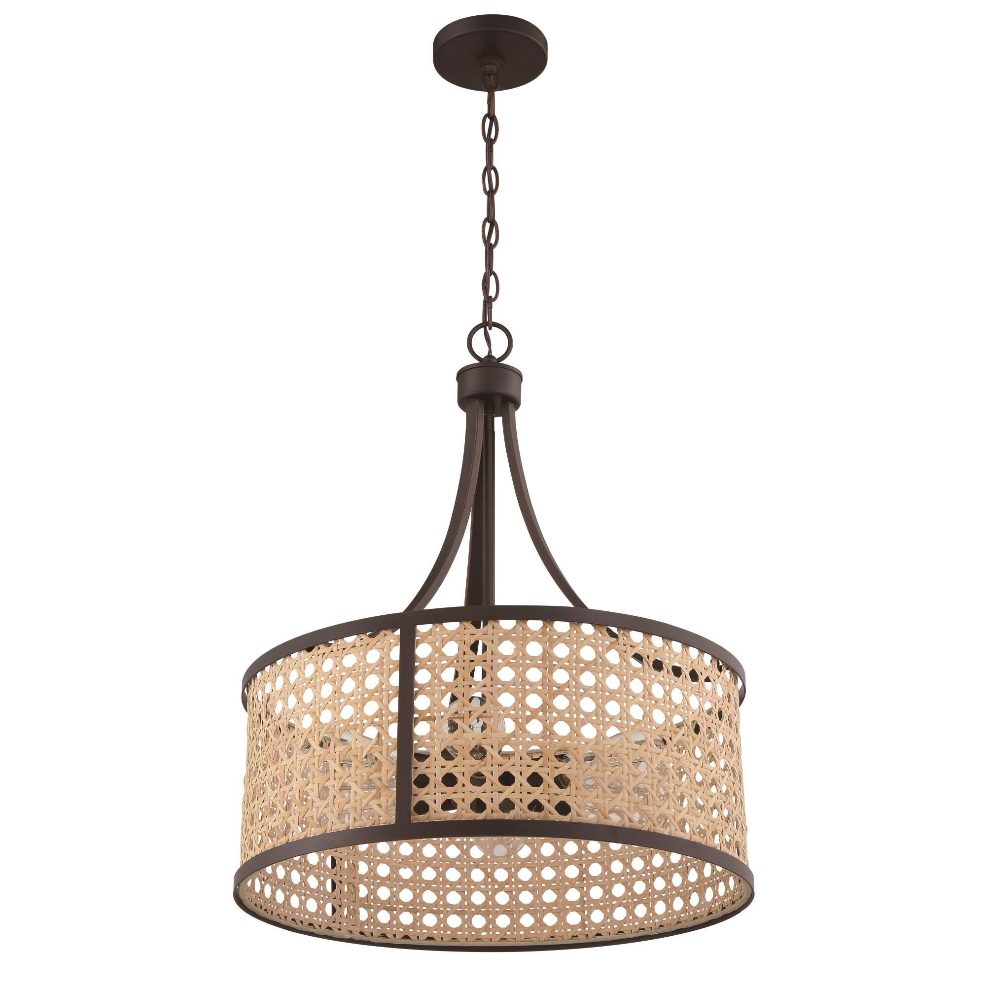 Shown in Aged Bronze Brushed finish and Natural glass and Rattan shade