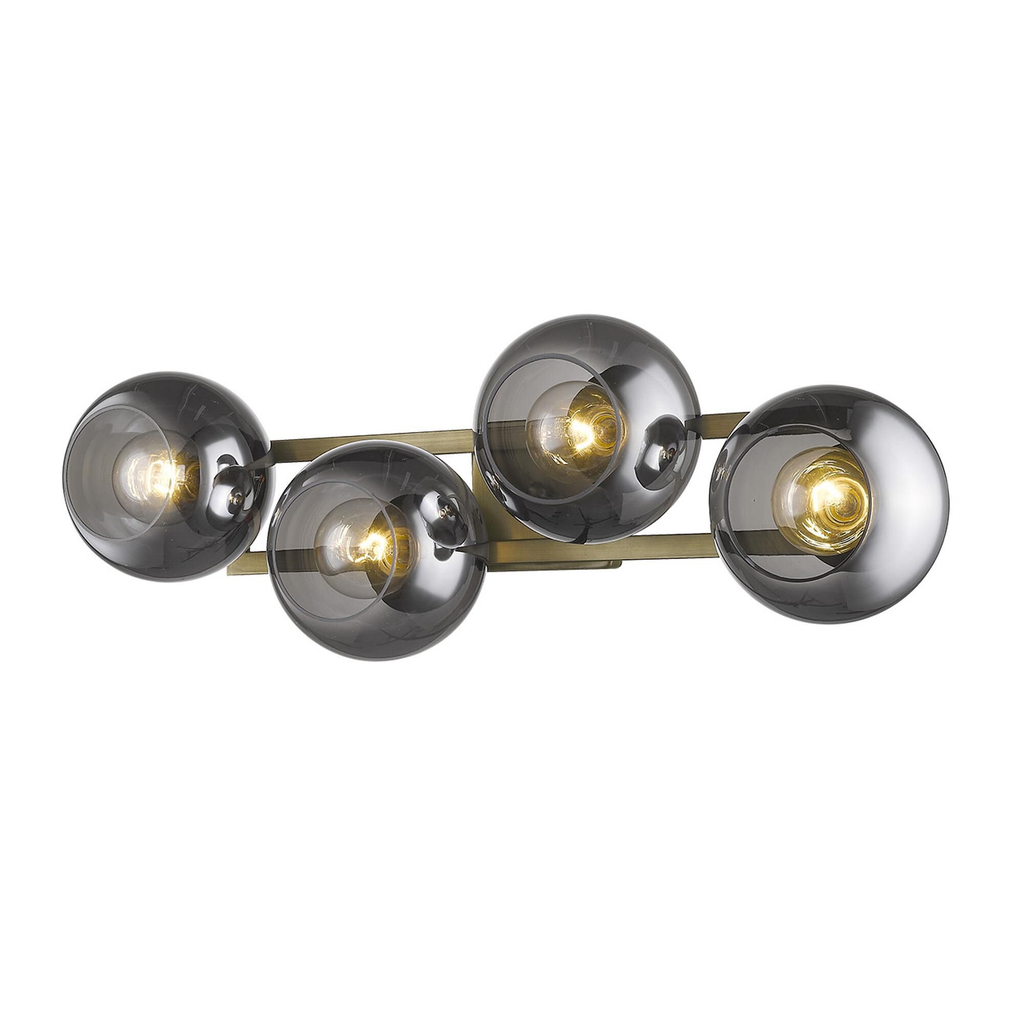 Shown in Aged Brass finish and Smoke glass and Smoke Glass Globes shade