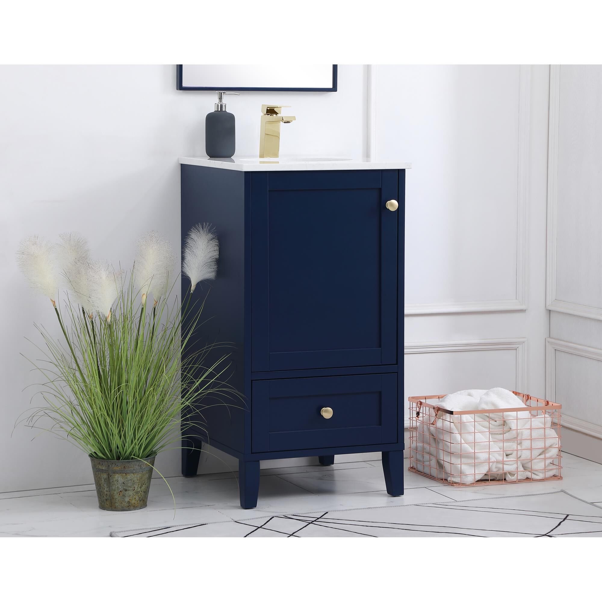 Shown in Blue And Gold With Calacatta Quartz finish