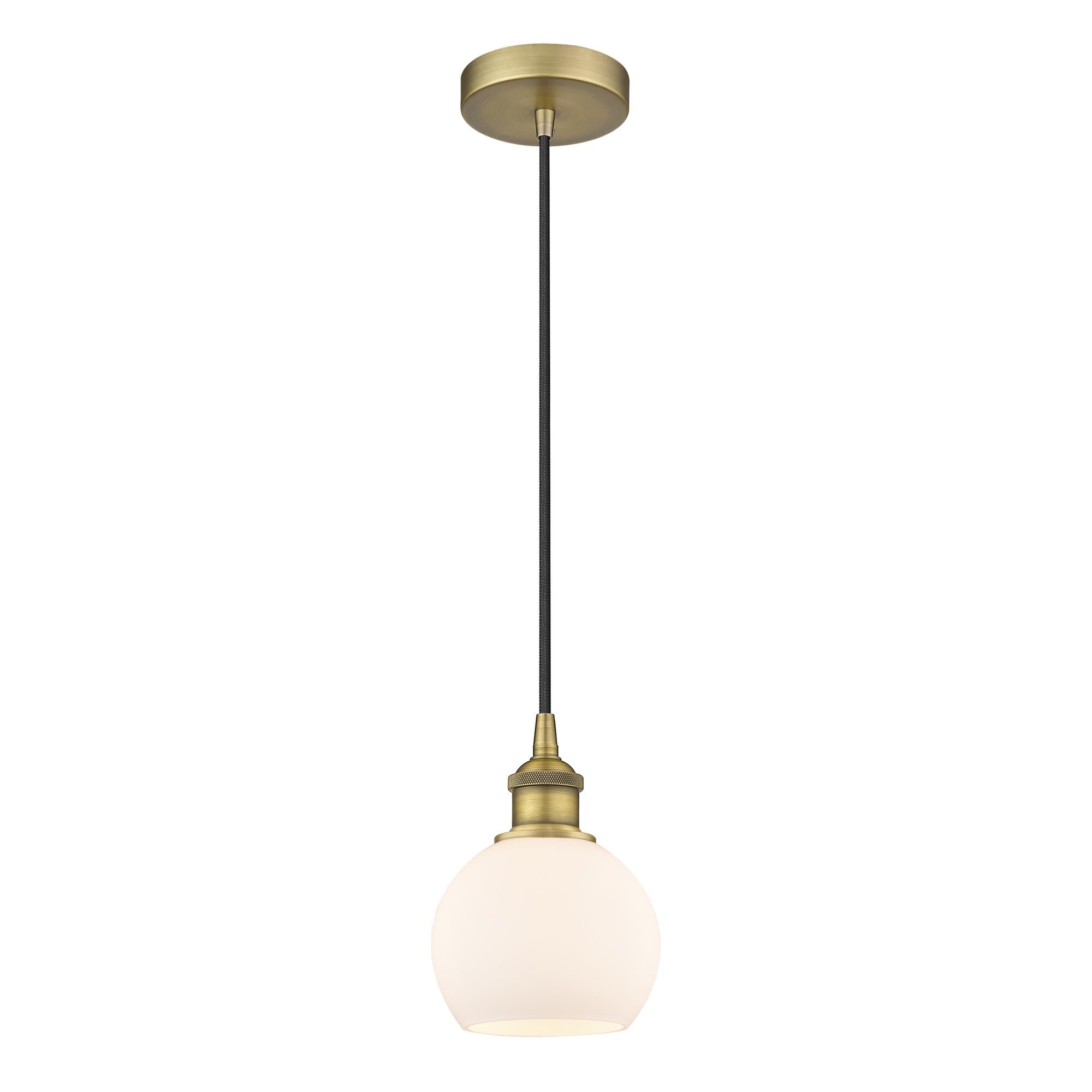 Shown in Brushed Brass finish and Cased Matte White glass