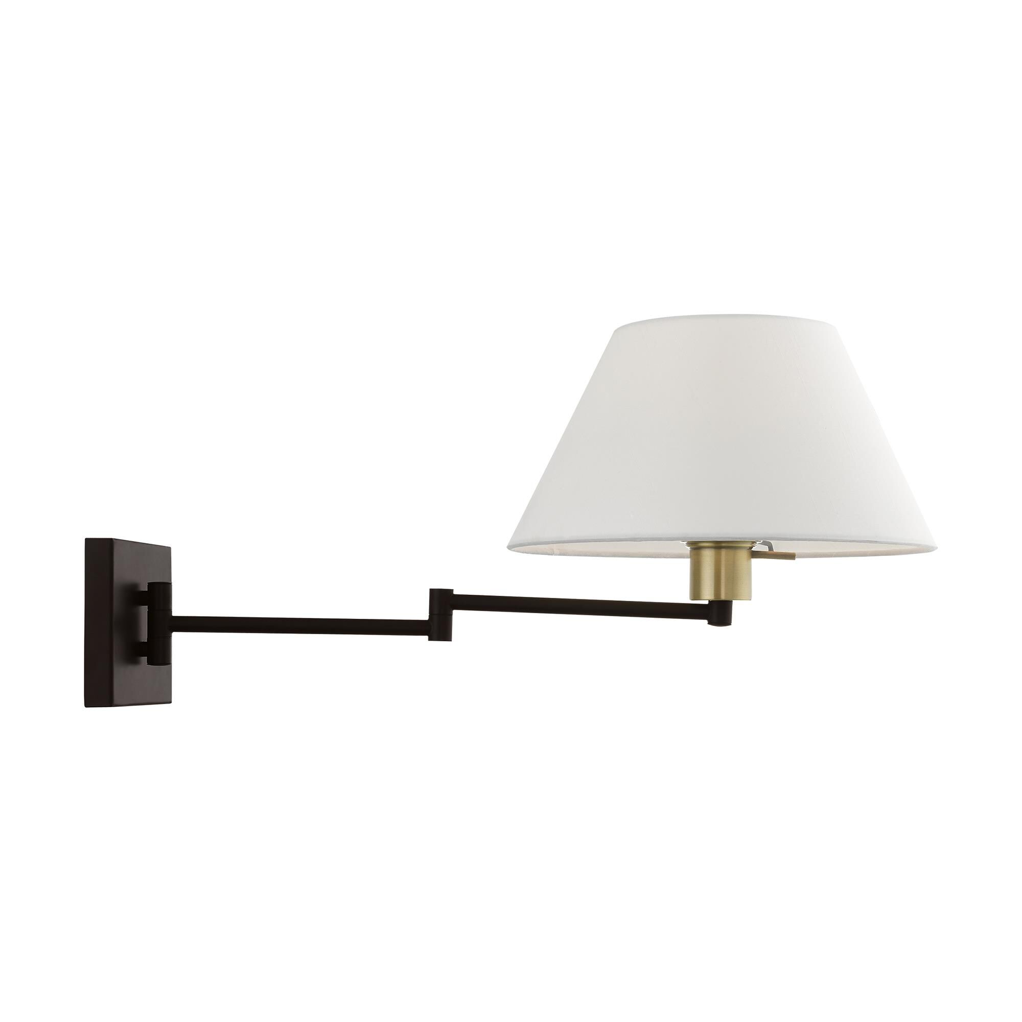 Shown in Bronze with Antique Brass Accent finish and Hand Crafted Off-White Hardback Fabric shade