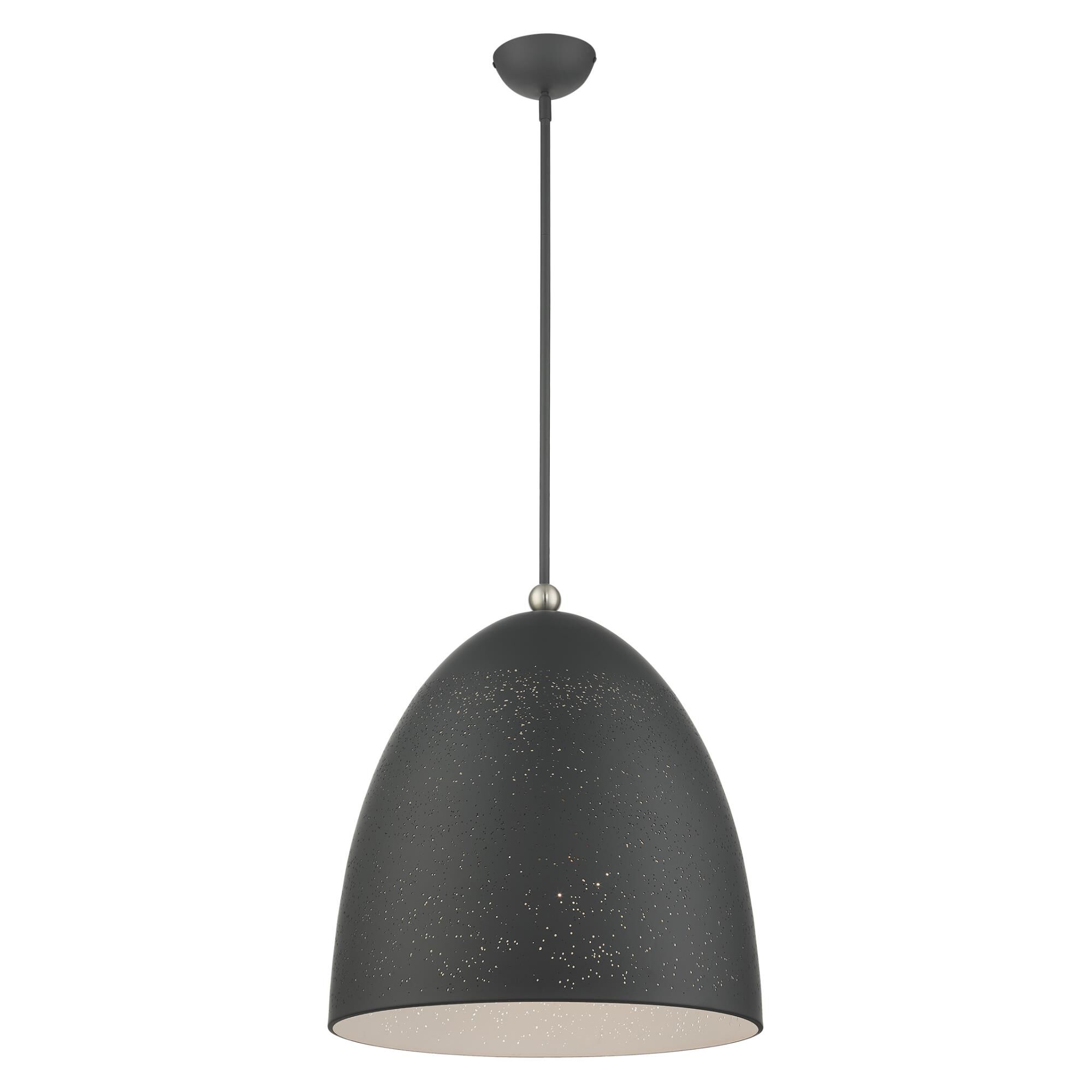 Shown in Scandinavian Gray With Brushed Nickel finish and Scandinavian Gray Ornamental Metal With White Inside shade