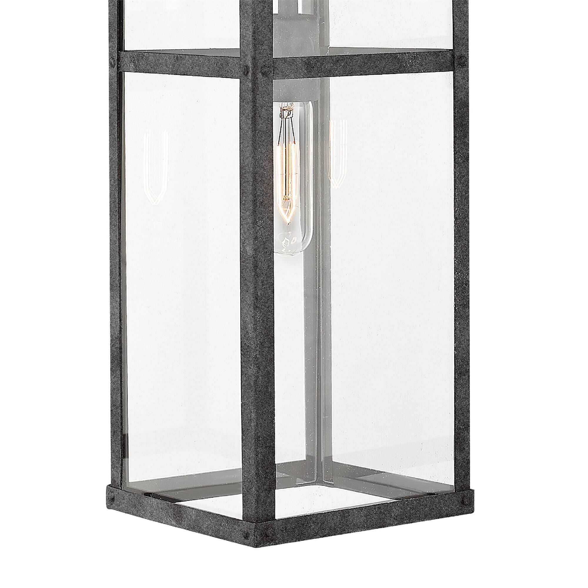 Shown in Aged Zinc finish and Clear glass