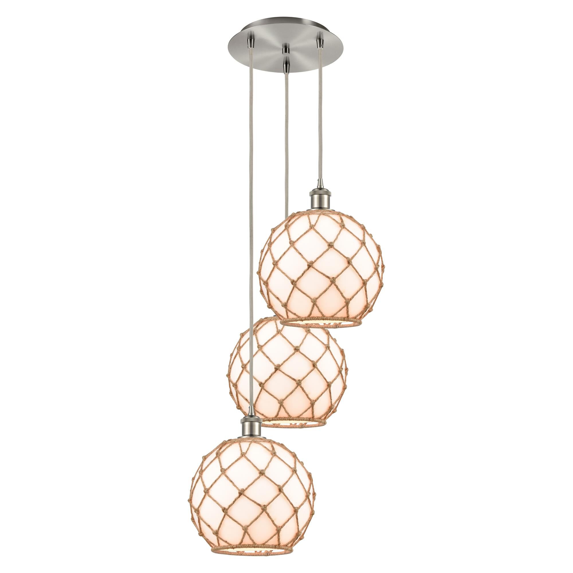 Shown in Brushed Satin Nickel finish and Clear with Brown Rope glass