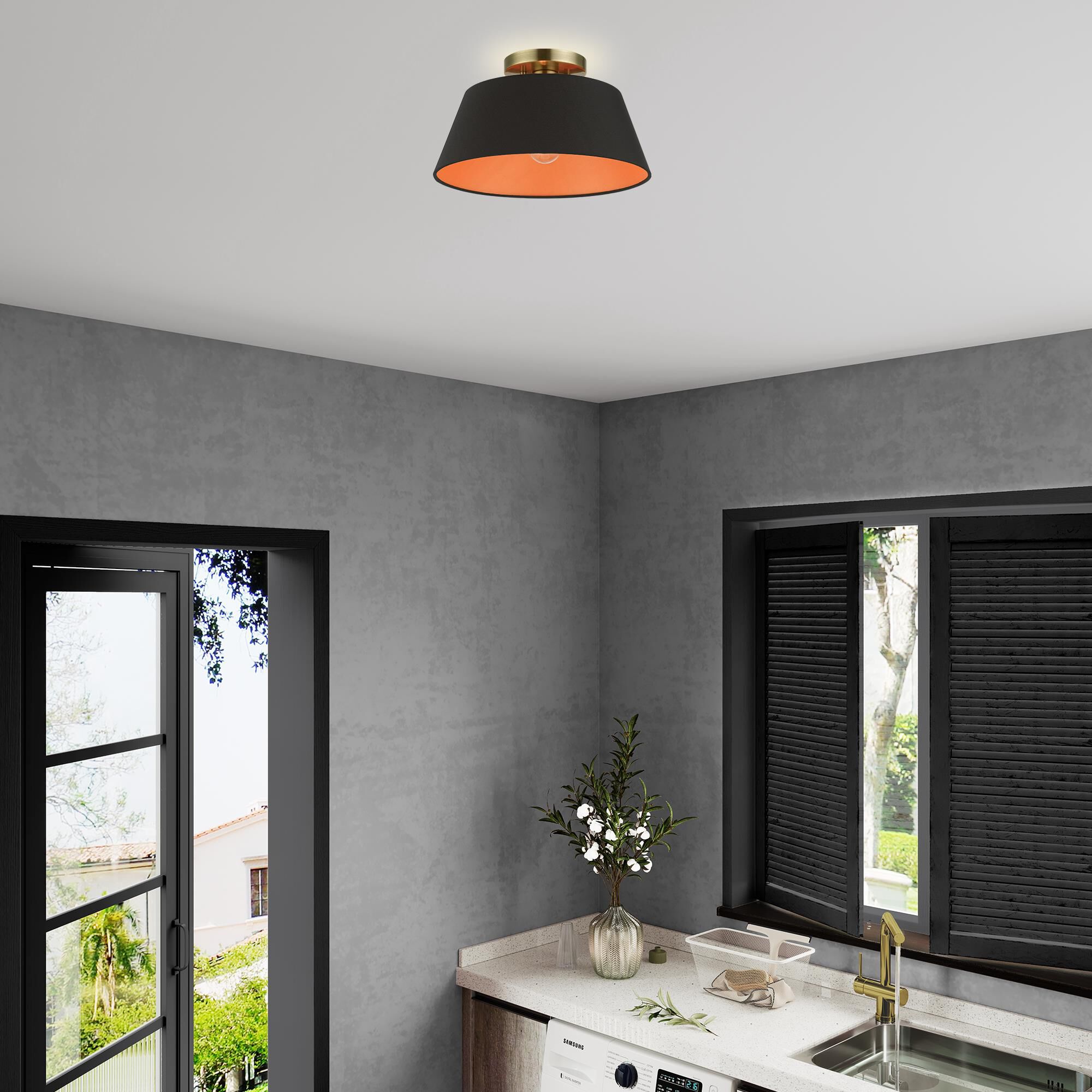 Shown in Antique Brass finish and Black Fabric Hardback with Orange Fabric Inside shade