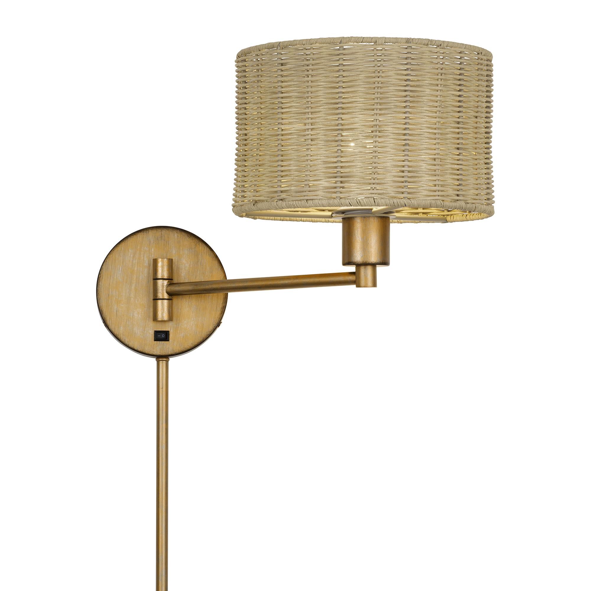 Shown in Antique Gold Leaf finish and Hand-Woven Rustic Walnut Color Rattan shade