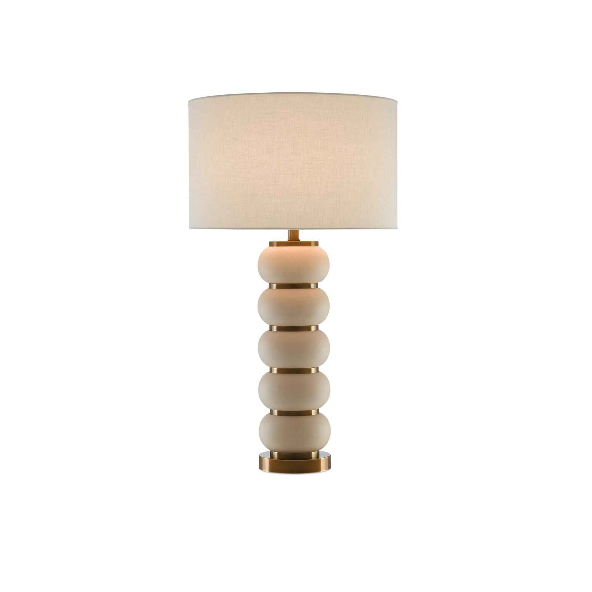 Shown in White Mud-Antique Brass finish and Off White Linen shade
