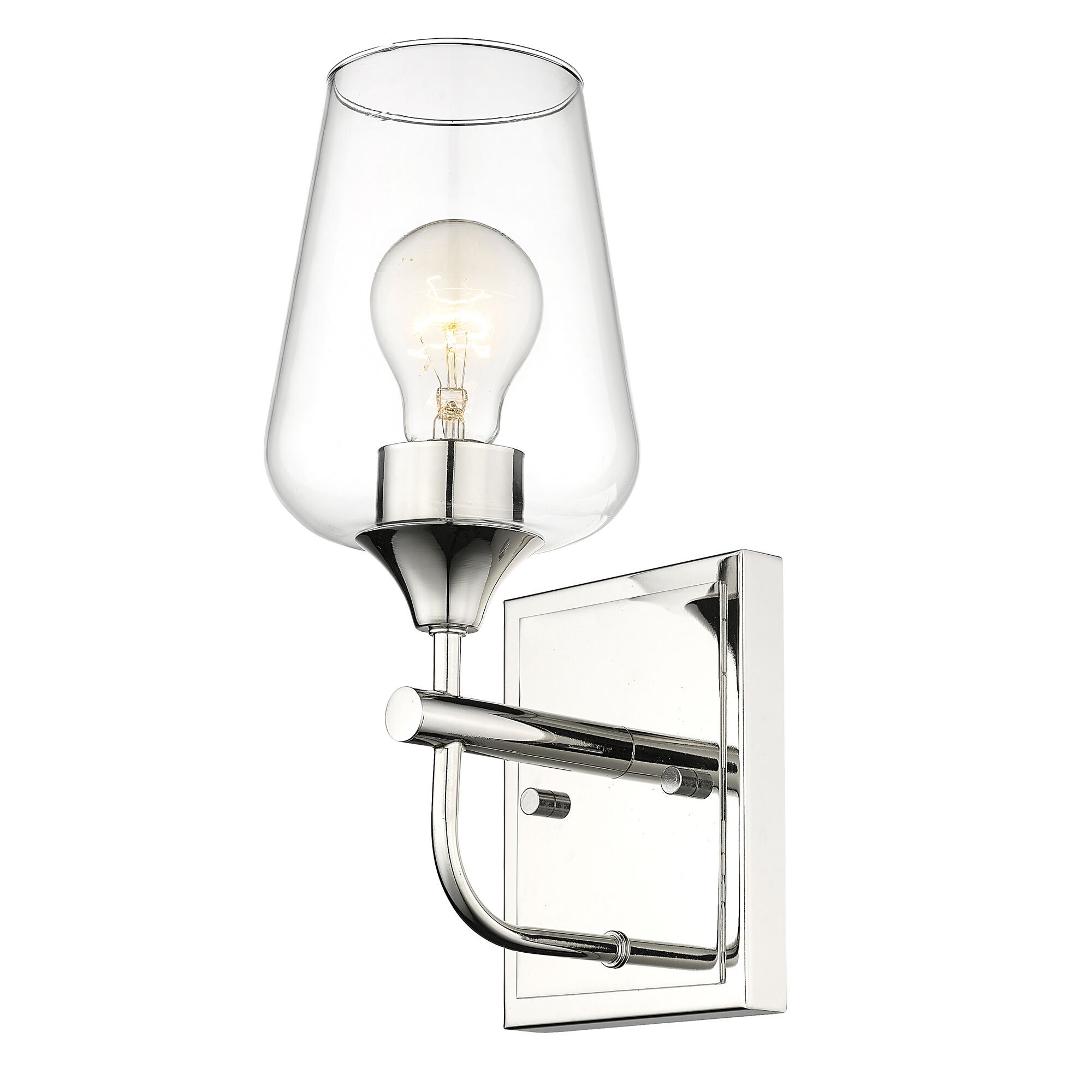 Shown in Polished Nickel finish and Clear Glass shade