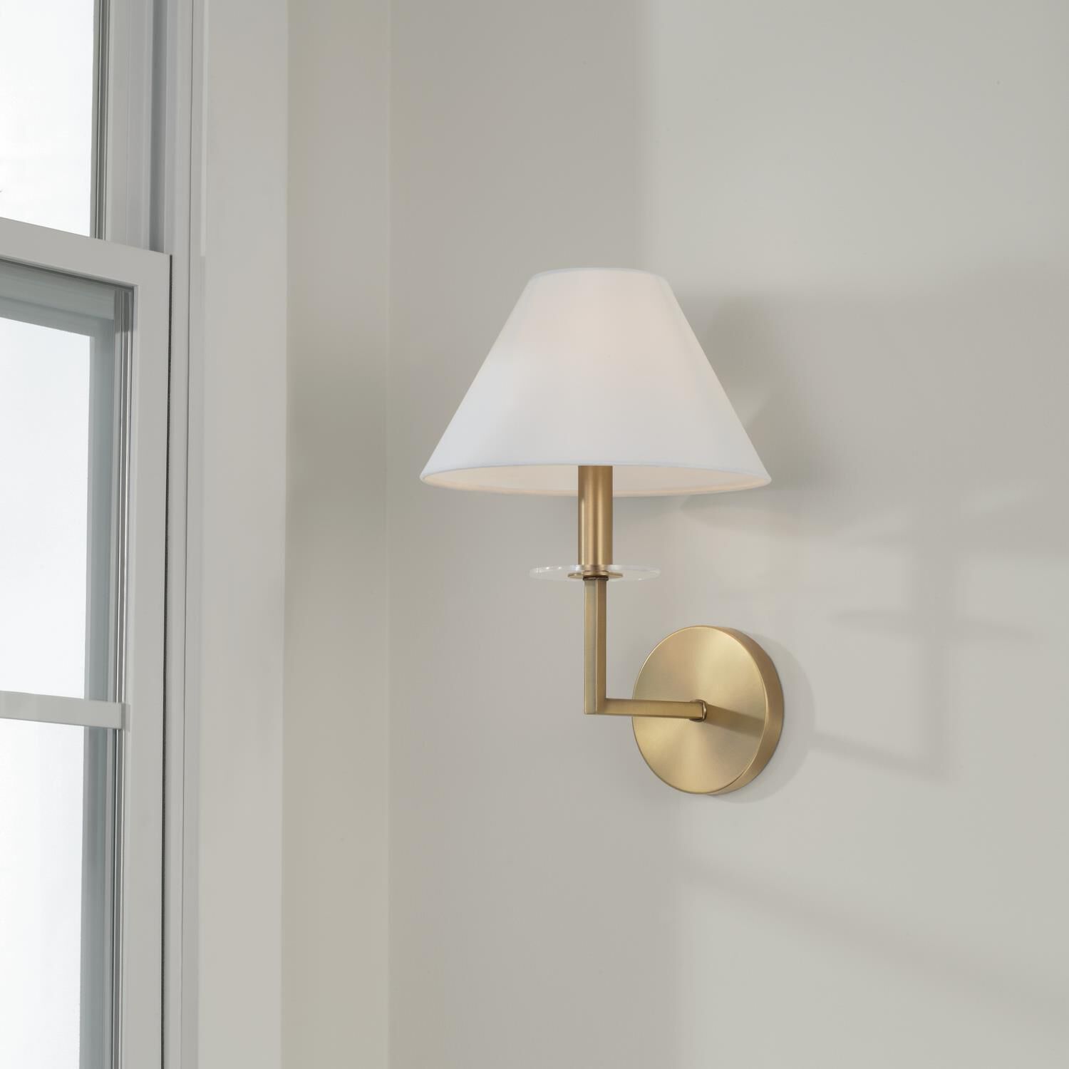 Shown in Aged Brass finish and White Fabric Stay-Straight shade
