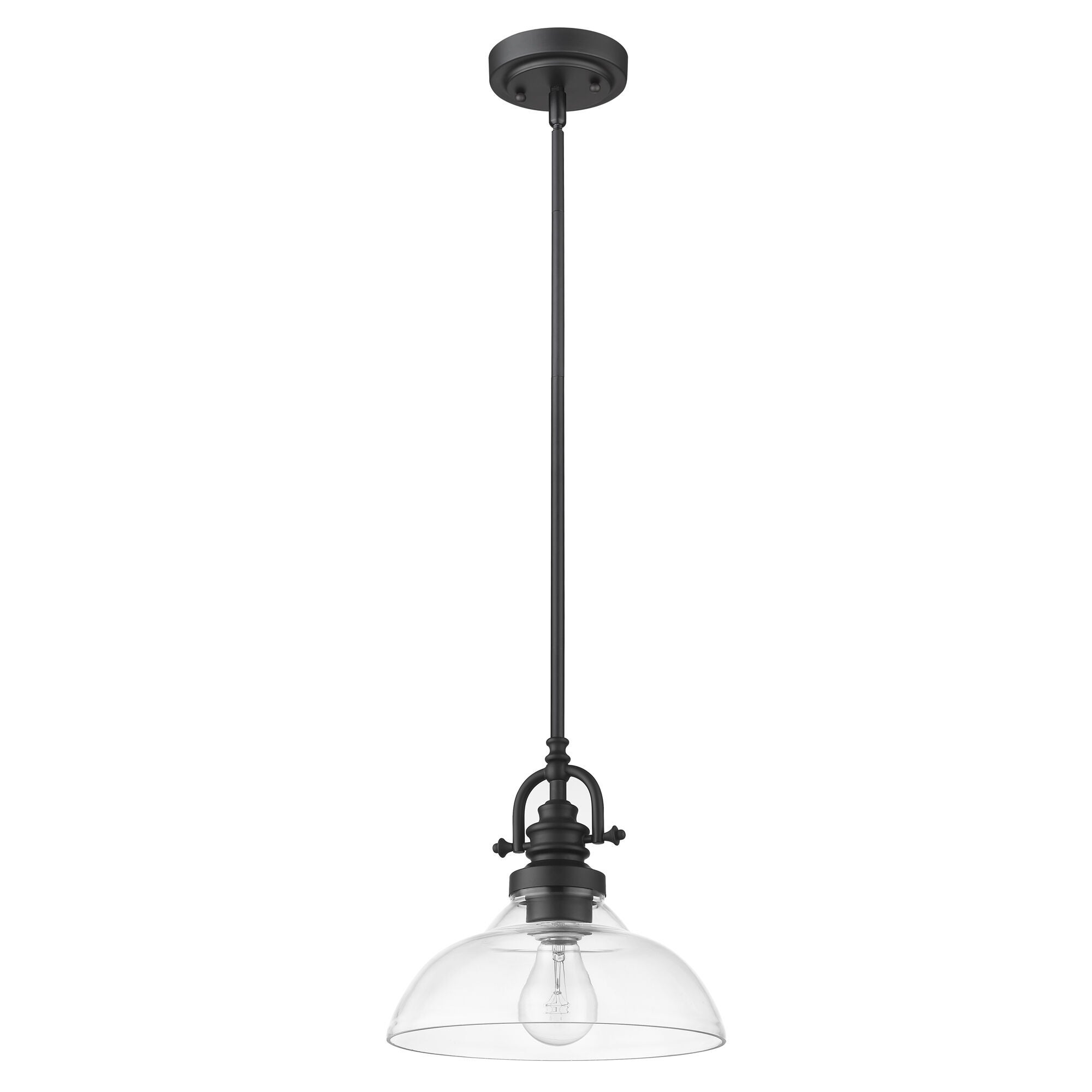 Shown in Matte Black finish and Clear glass and Clear Glass Dome Shaped shade