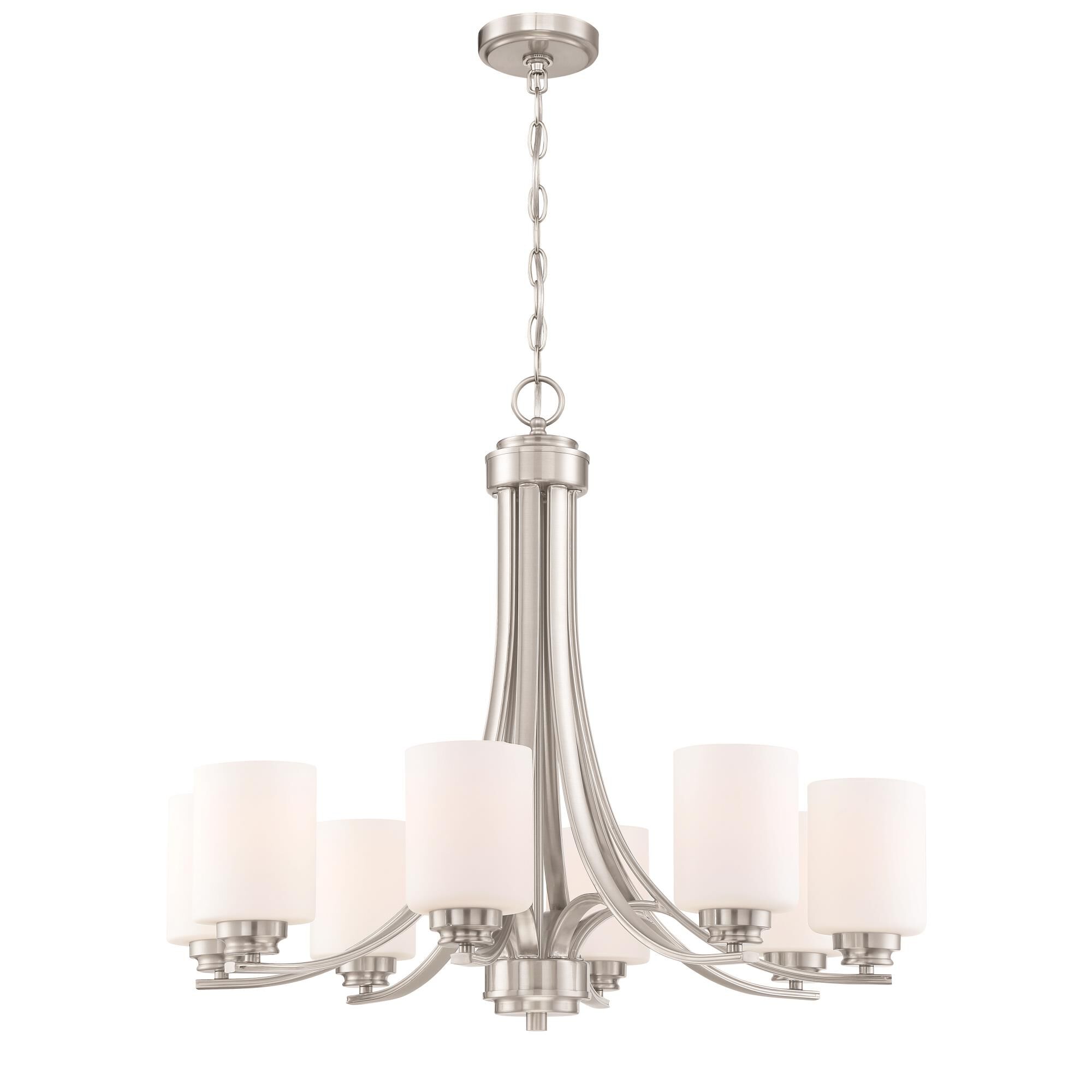 Shown in Brushed Polished Nickel finish and White Frosted glass and Glass shade