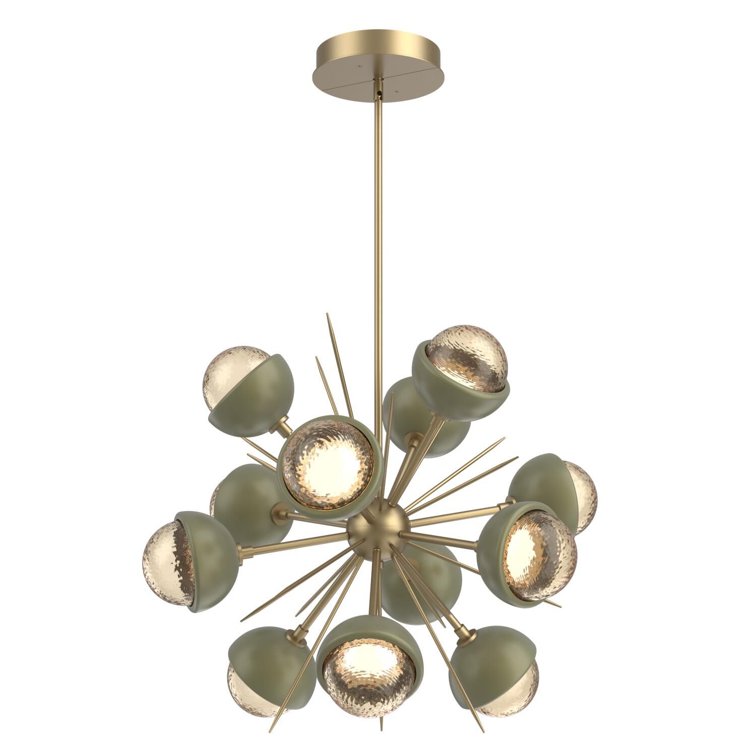 Shown in Gilded Brass finish and Amber glass and Sage Green accent