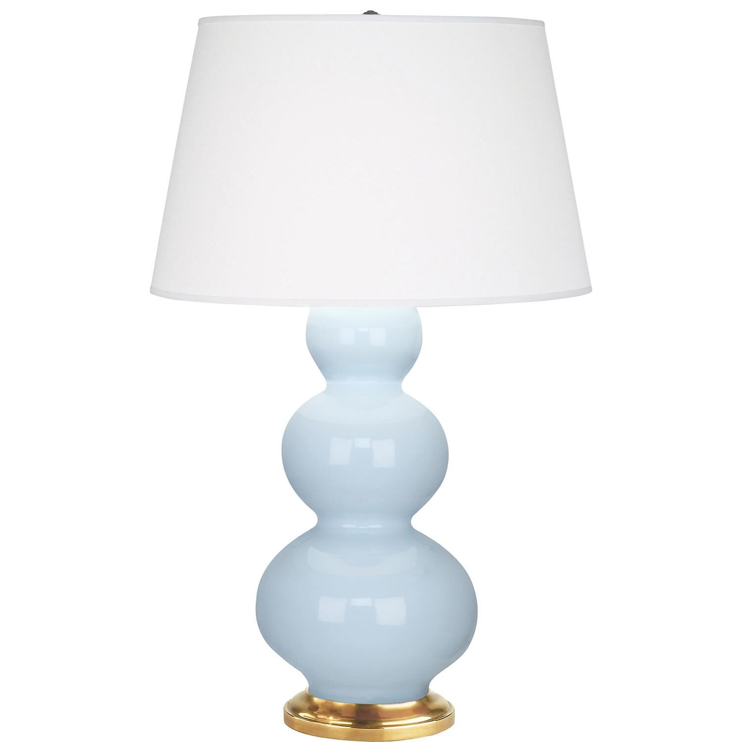 Shown in Baby Blue Glazed Ceramic With Antique Natural Brass ed Accents finish and Pearl Dupioni Fabric shade