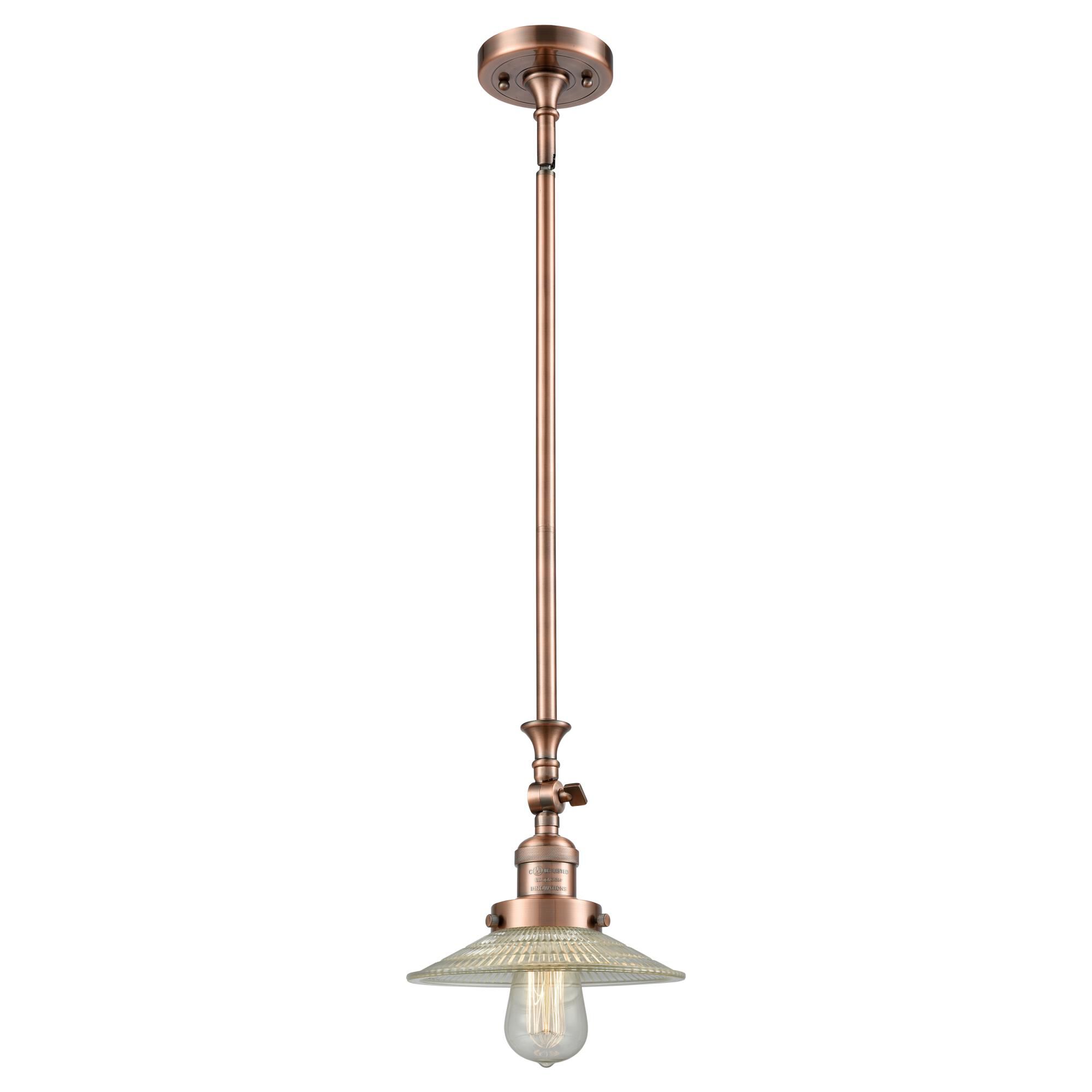 Shown in Antique Copper finish and Clear Halophane glass