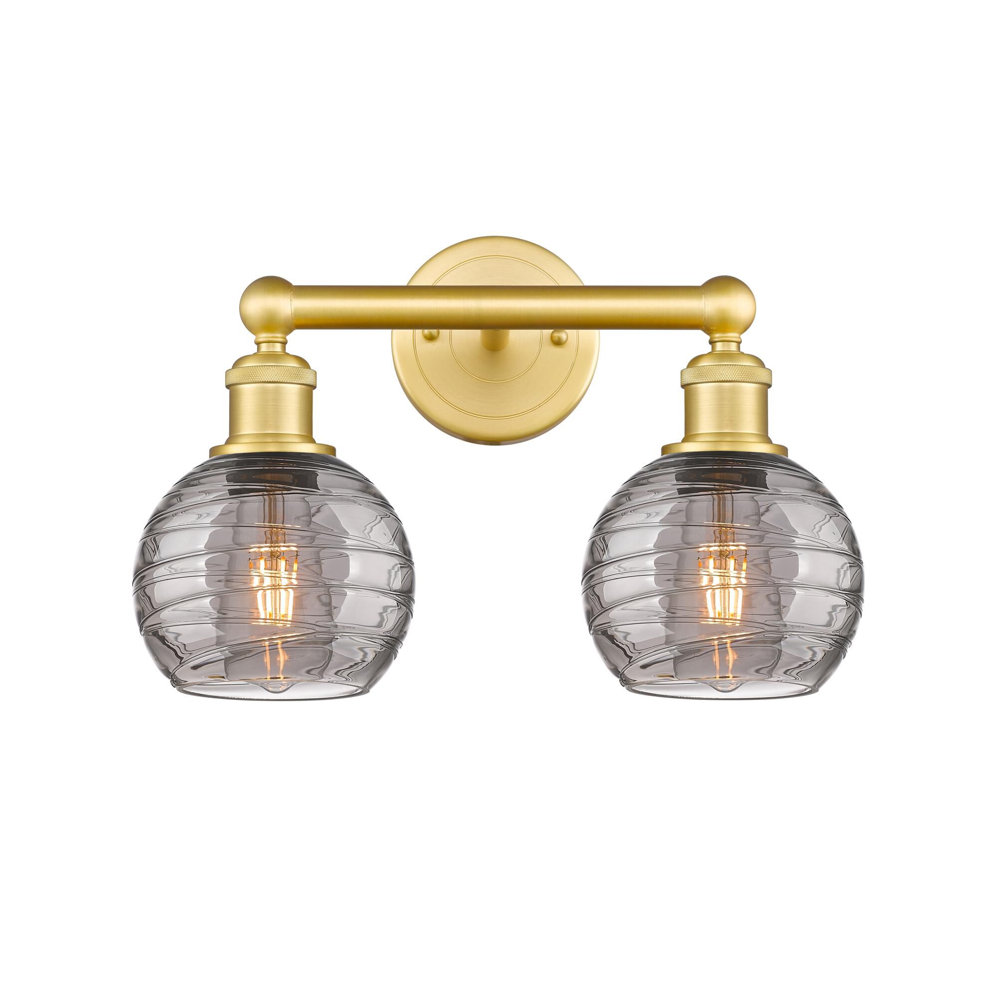 Shown in Satin Gold finish and Light Smoke Deco Swirl glass