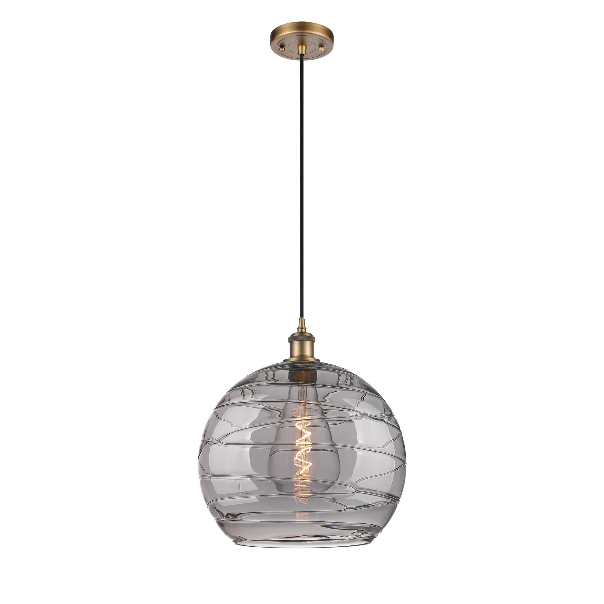 Shown in Brushed Brass finish and Light Smoke Deco Swirl glass