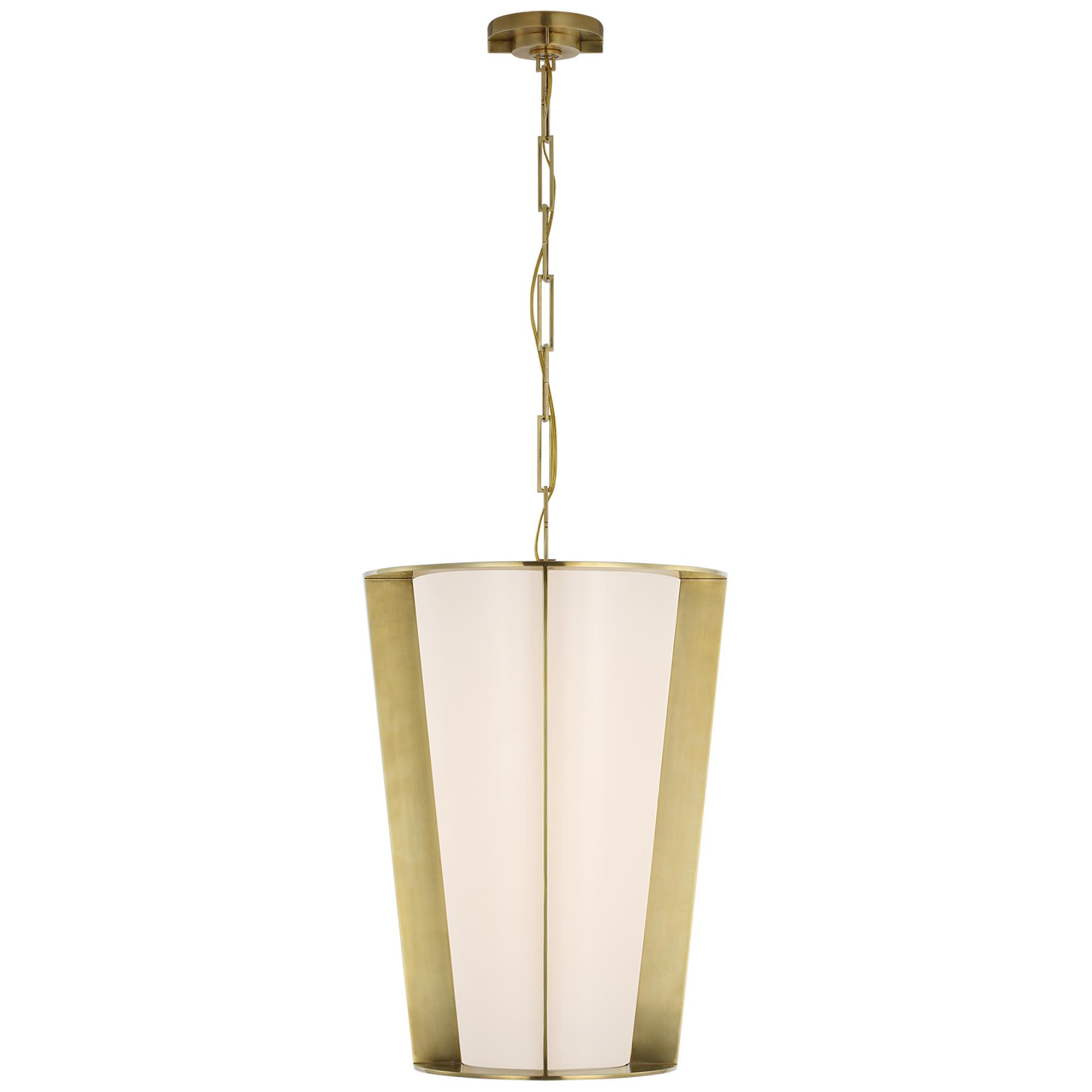 Shown in Soft Brass finish and White Glass glass