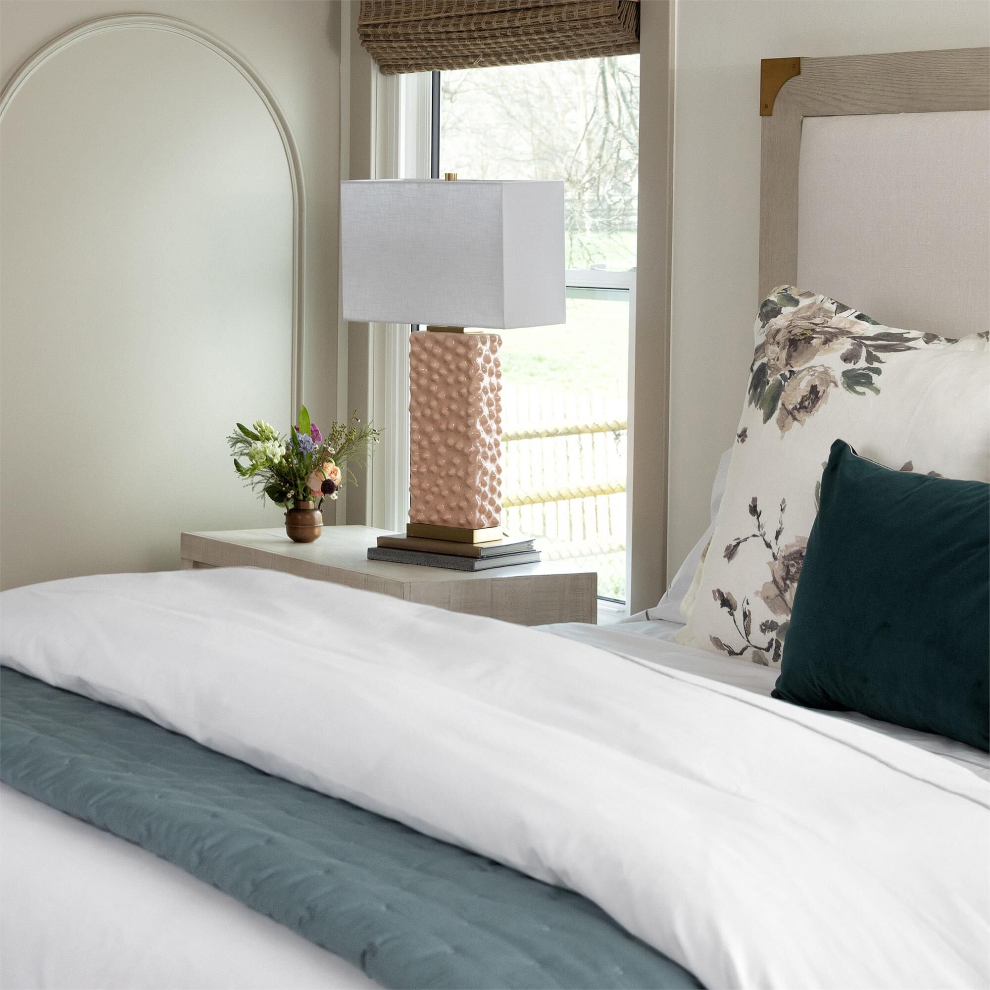 Shown in Polished Brass and Pearl Blush finish and Off-White shade