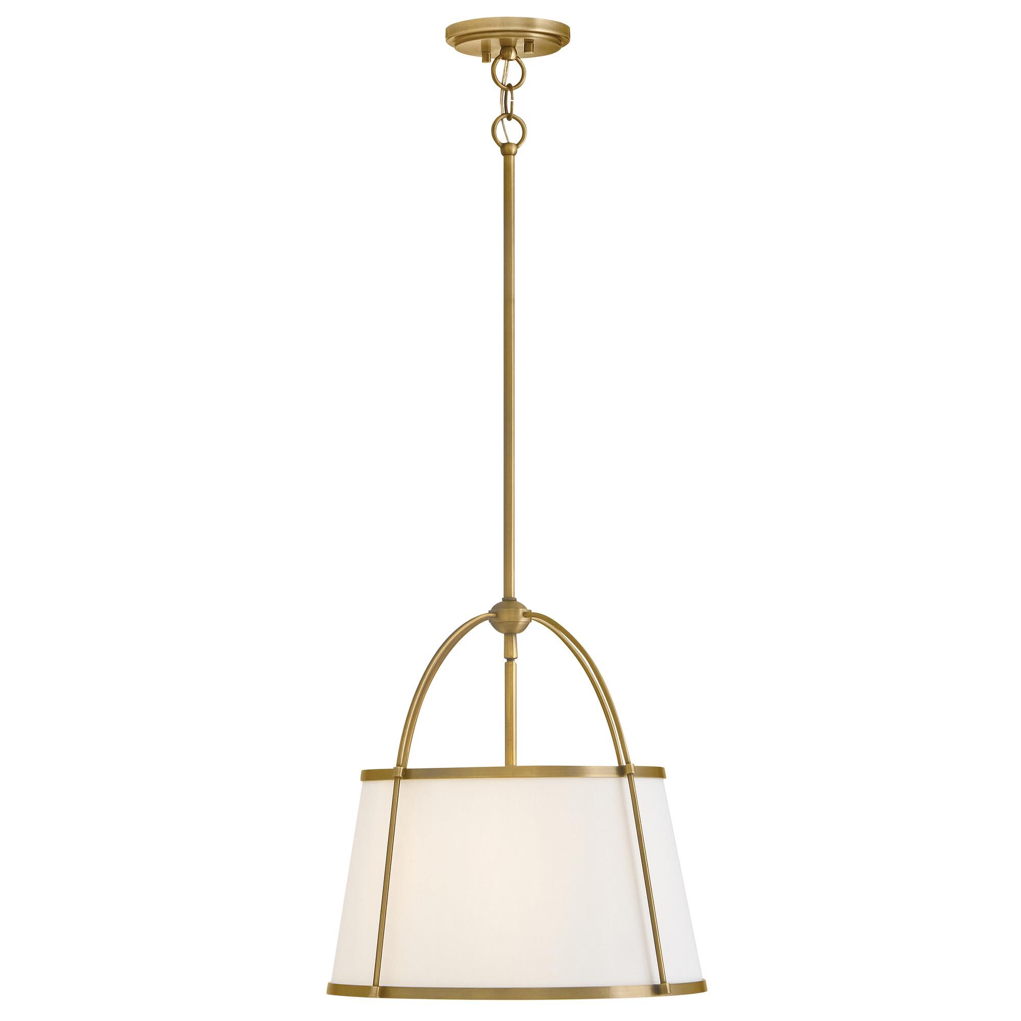 Shown in Lacquered Dark Brass finish and Off-White Linen shade
