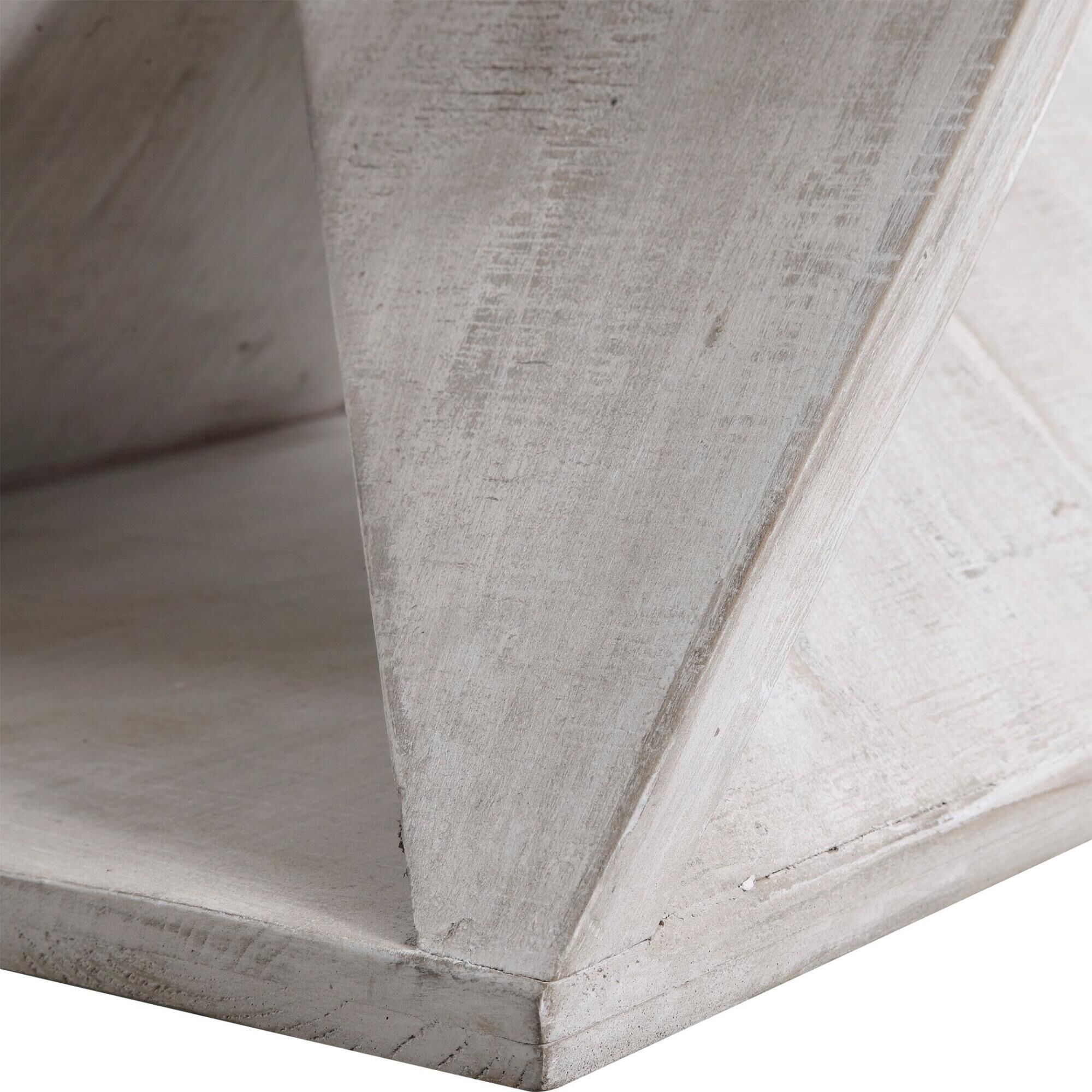 Shown in This Coastal Style Ottoman Features A Unique Asymmetrical Base In White Washed, Weathered Fir Wood W finish