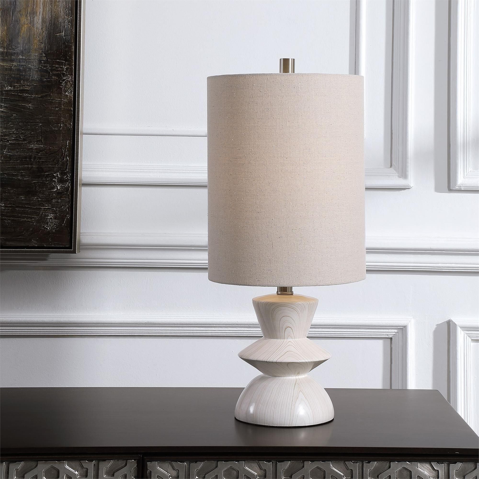 Shown in A Nod To Classic Mid-Century Styling, This Buffet Lamp Has A Geometric Shaped Base With A Bleached W finish and Round Drum Hardback shade