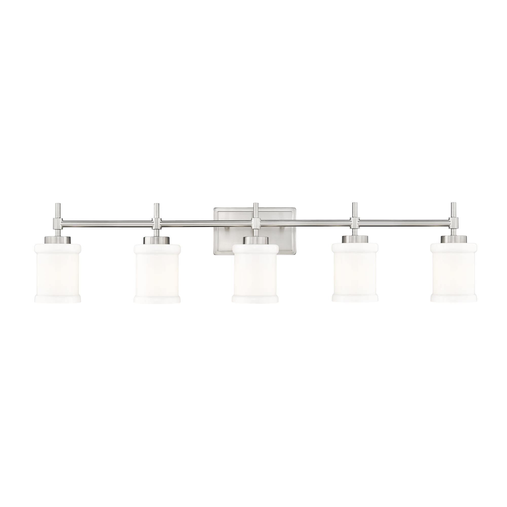 Shown in Brushed Nickel finish and Gloss Opal glass and Gloss Opal shade