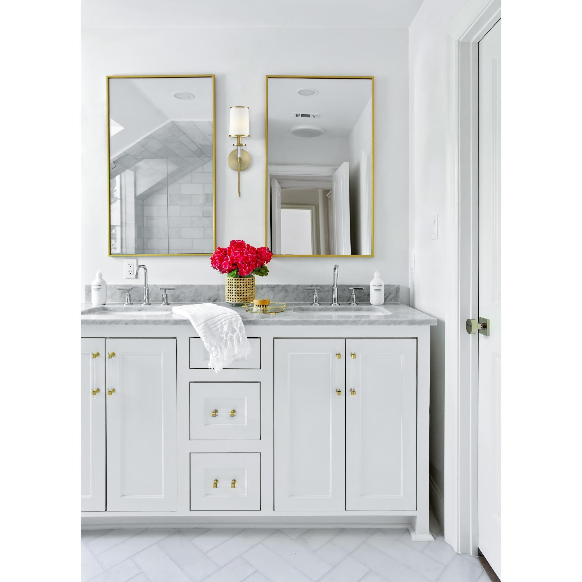 Shown in Vibrant Gold finish and Crystal Accents crystal and Silk glass and White shade