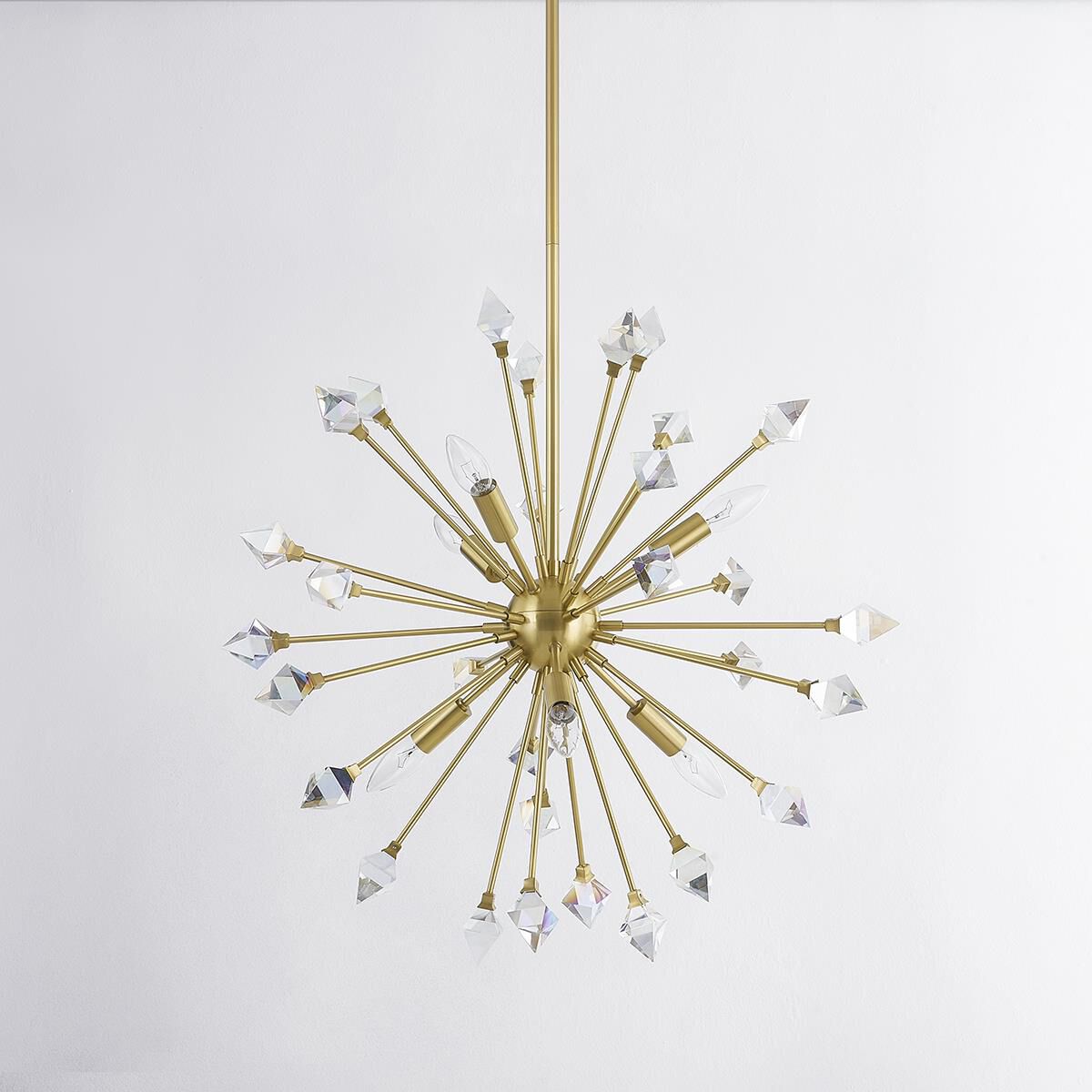 Shown in Aged Brass finish and Iridescent Crystal glass