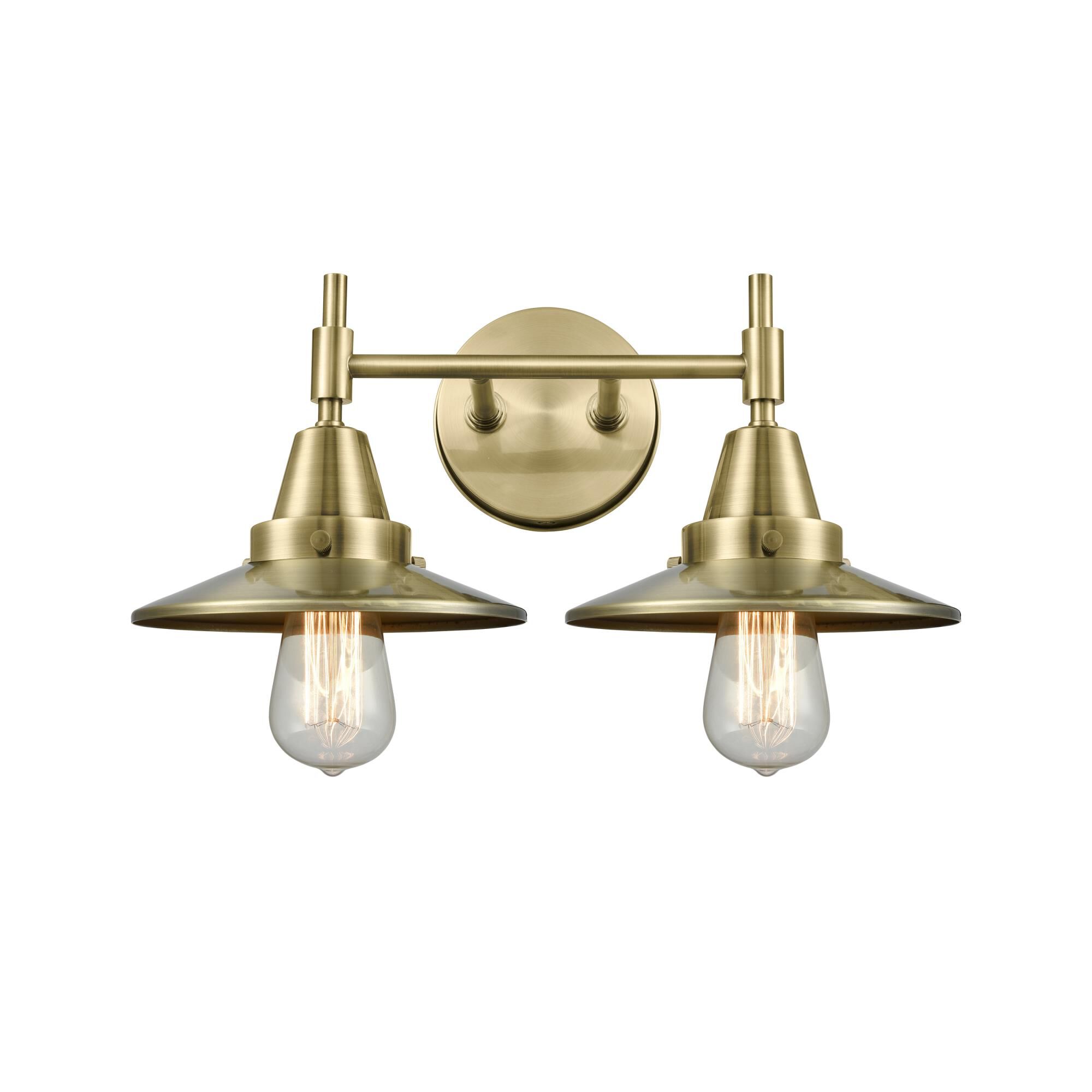 Shown in Antique Brass finish and Antique Brass Railroad shade