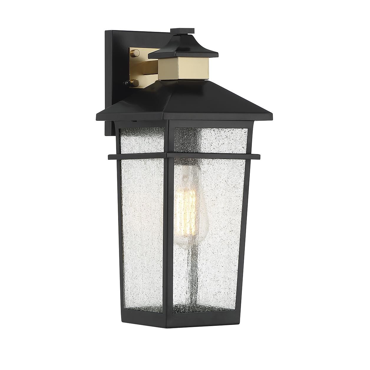 Shown in Matte Black With Warm Brass finish and Clear Seeded glass and Glass shade