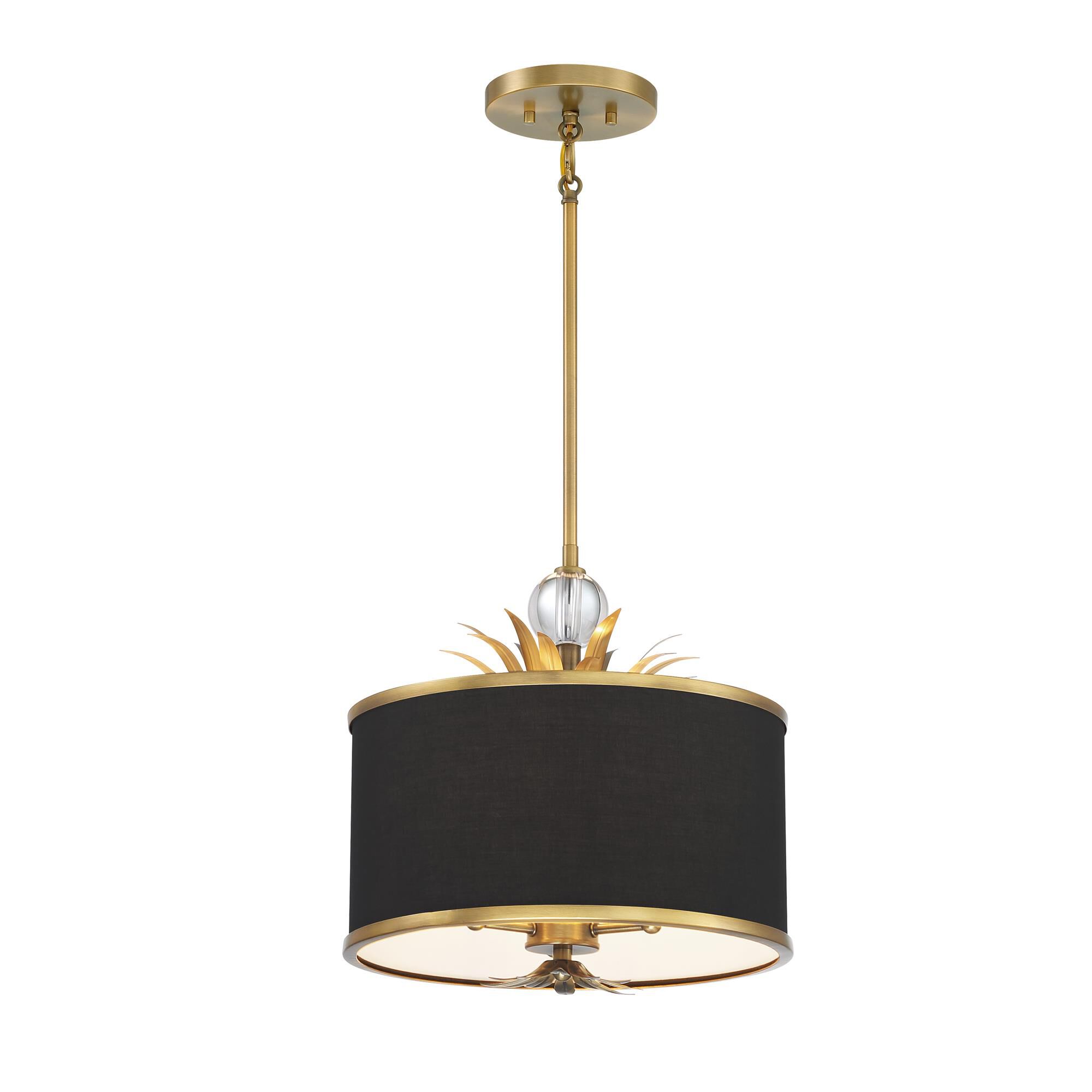 Shown in Natural Brushed Brass finish and Black glass and Fabric shade