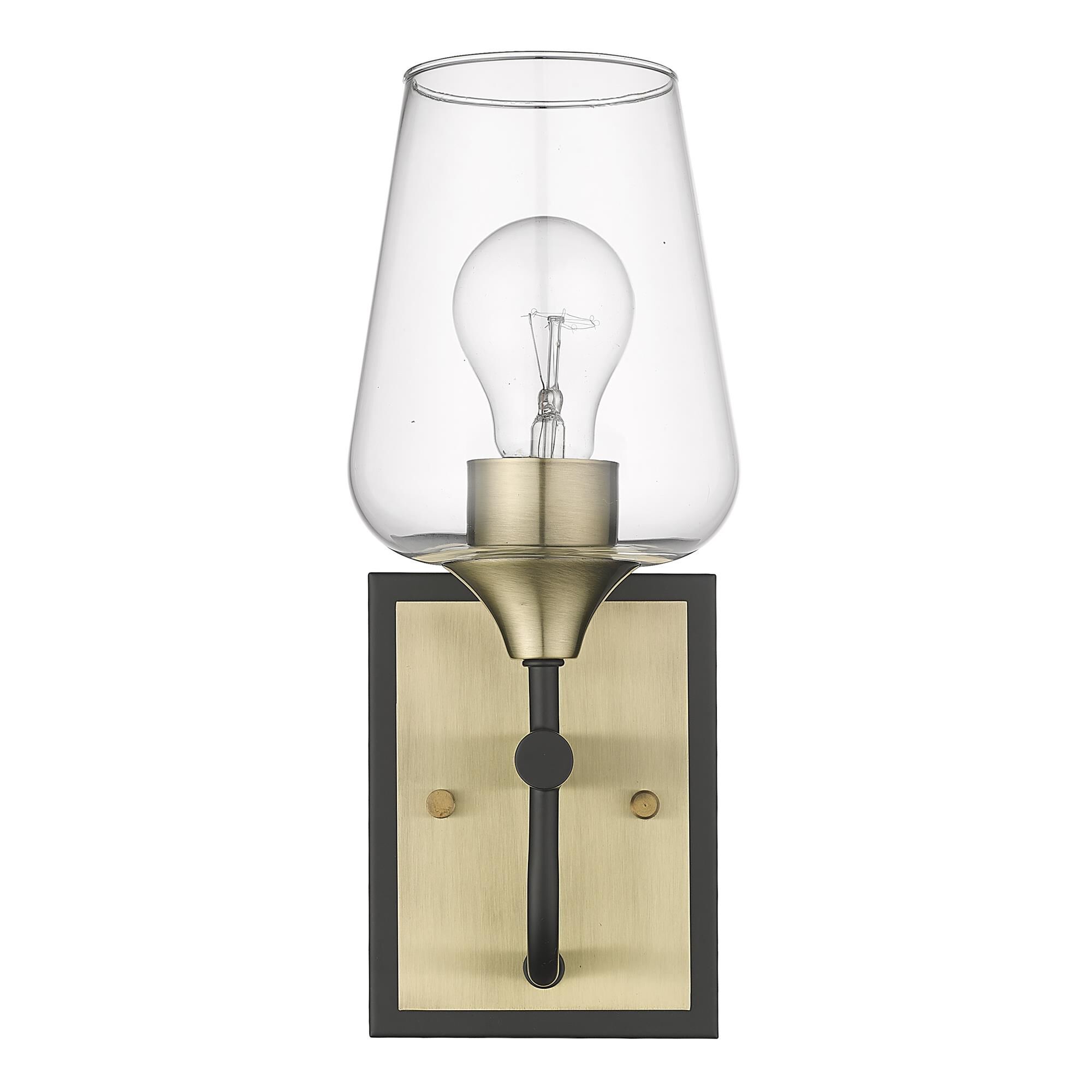 Shown in Antique Brass And Black finish and Clear Glass shade