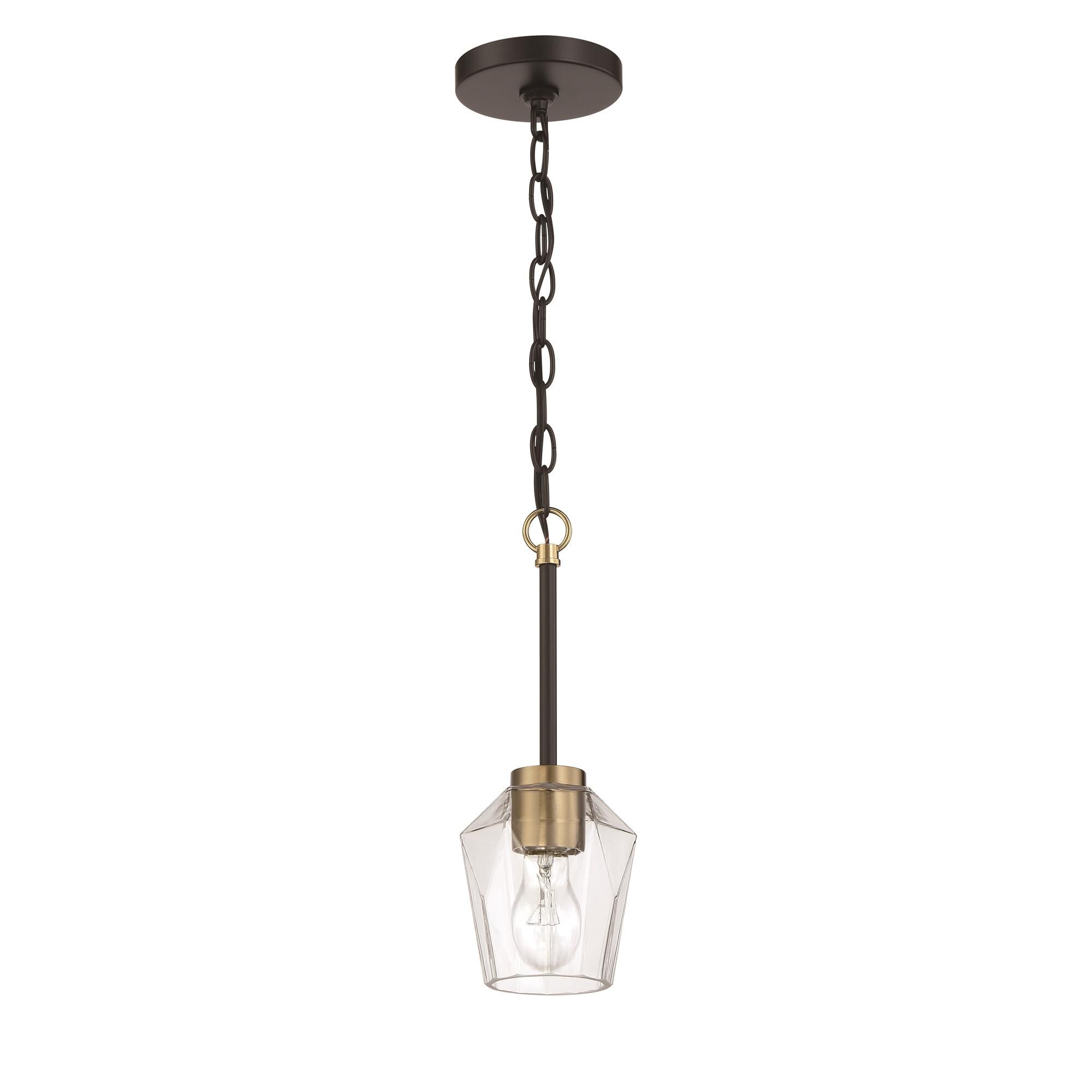 Shown in Flat Black/Satin Brass finish and Clear glass