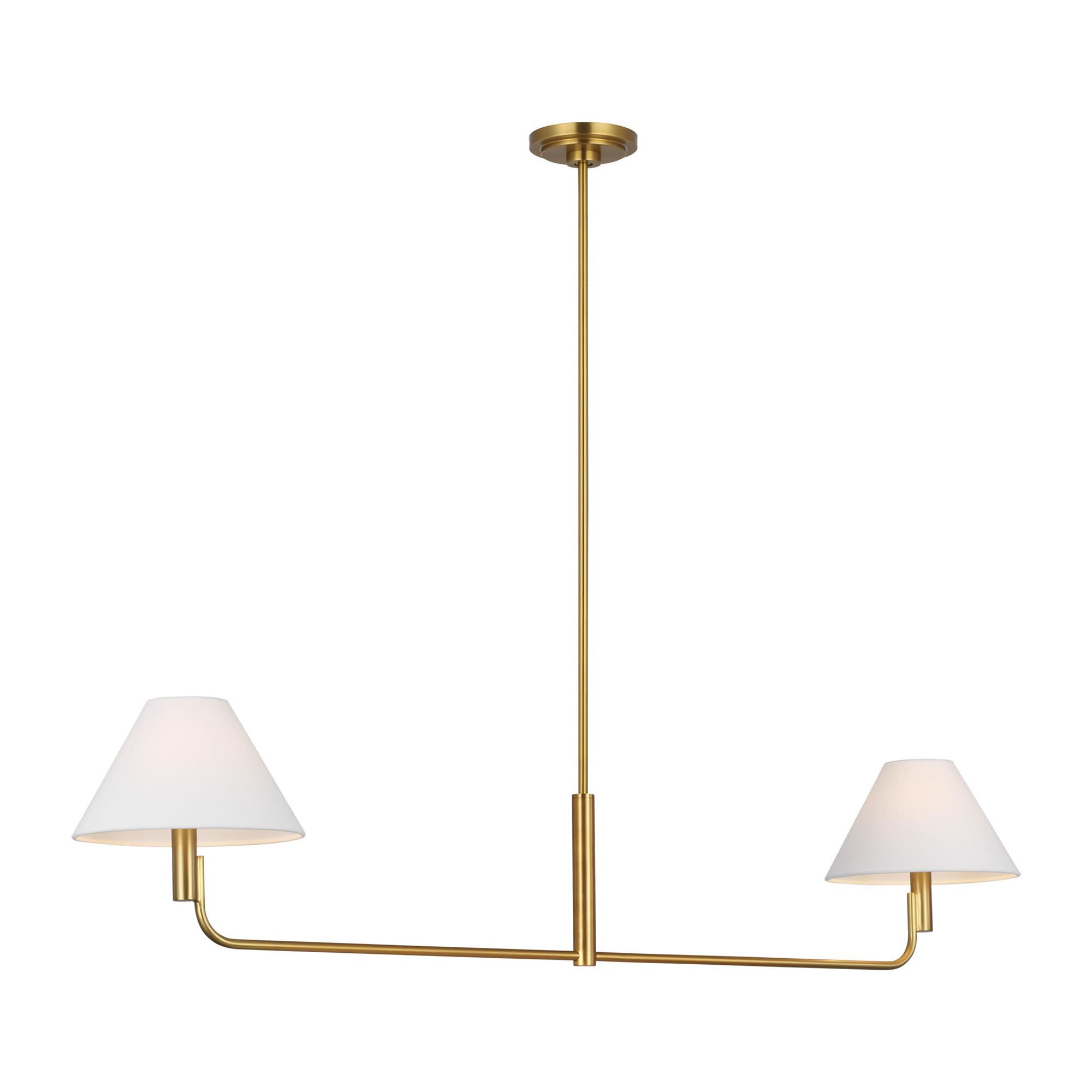 Shown in Burnished Brass finish and White Linen shade