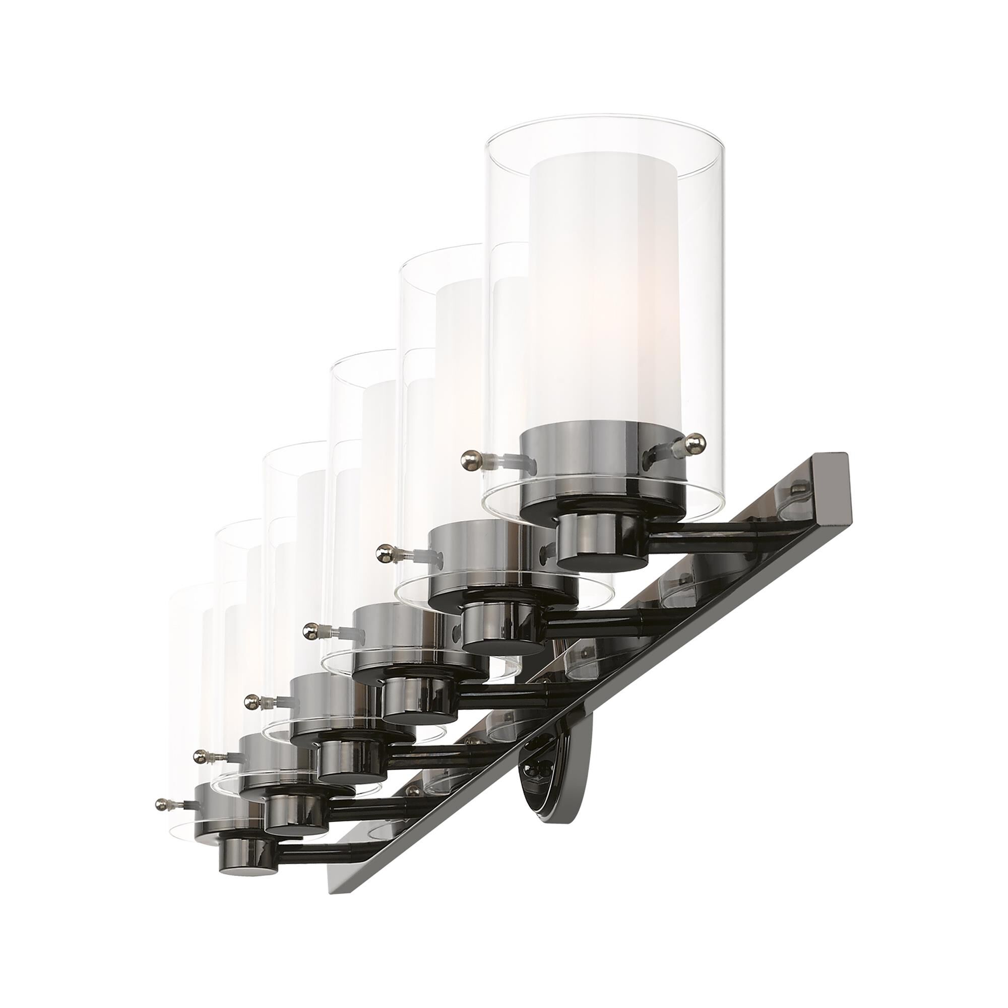 Shown in Polished Black Chrome finish and Hand Blown Clear Outer  & Satin Opal White Inner glass and Hand Blown Clear Outer Glass & Satin Opal White Inner Glass shade