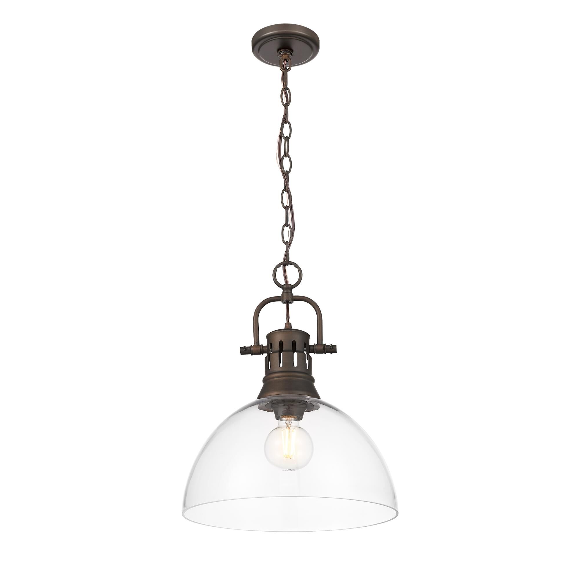 Shown in Rubbed Bronze finish and Clear Glass shade