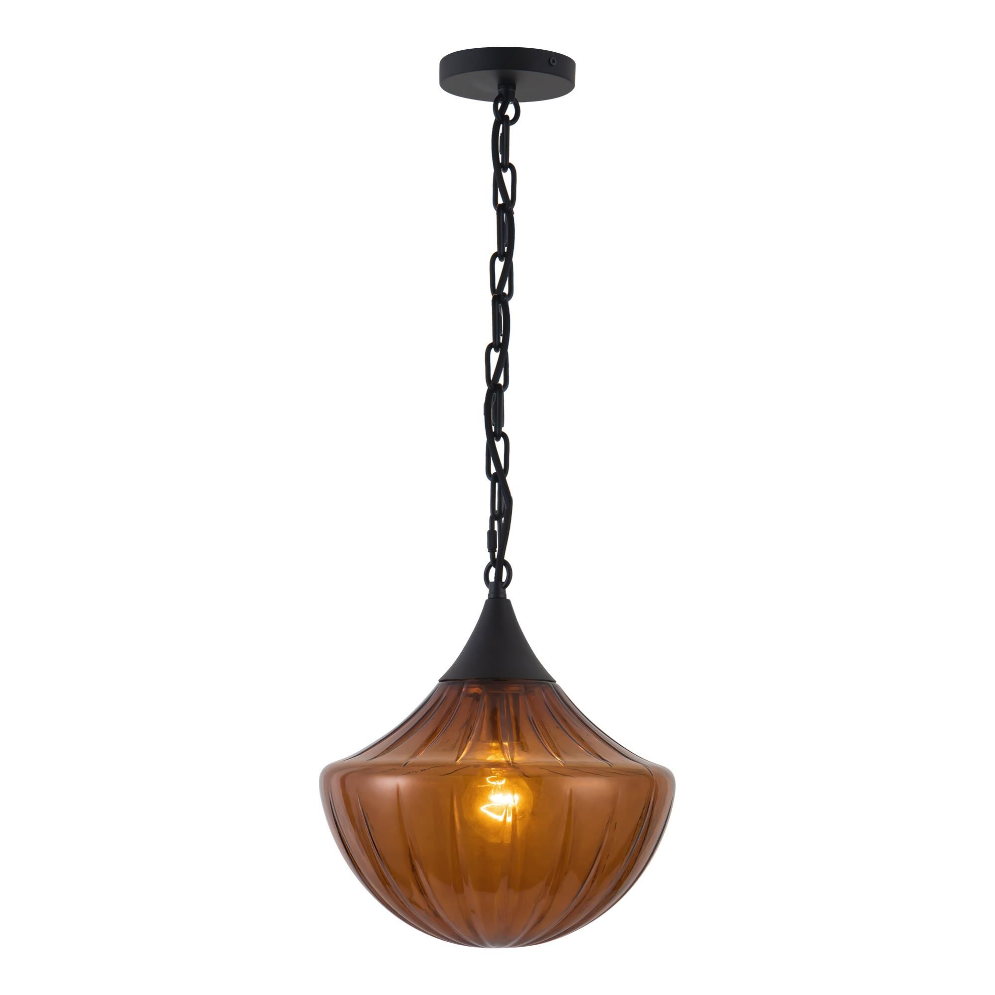 Shown in Matte Black finish and Amber Ribbed glass