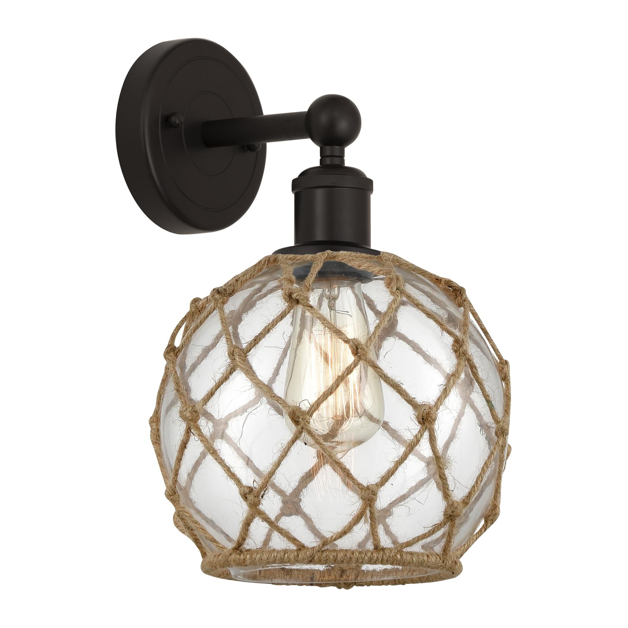 Shown in Oil Rubbed Bronze finish and Clear with Brown Rope glass