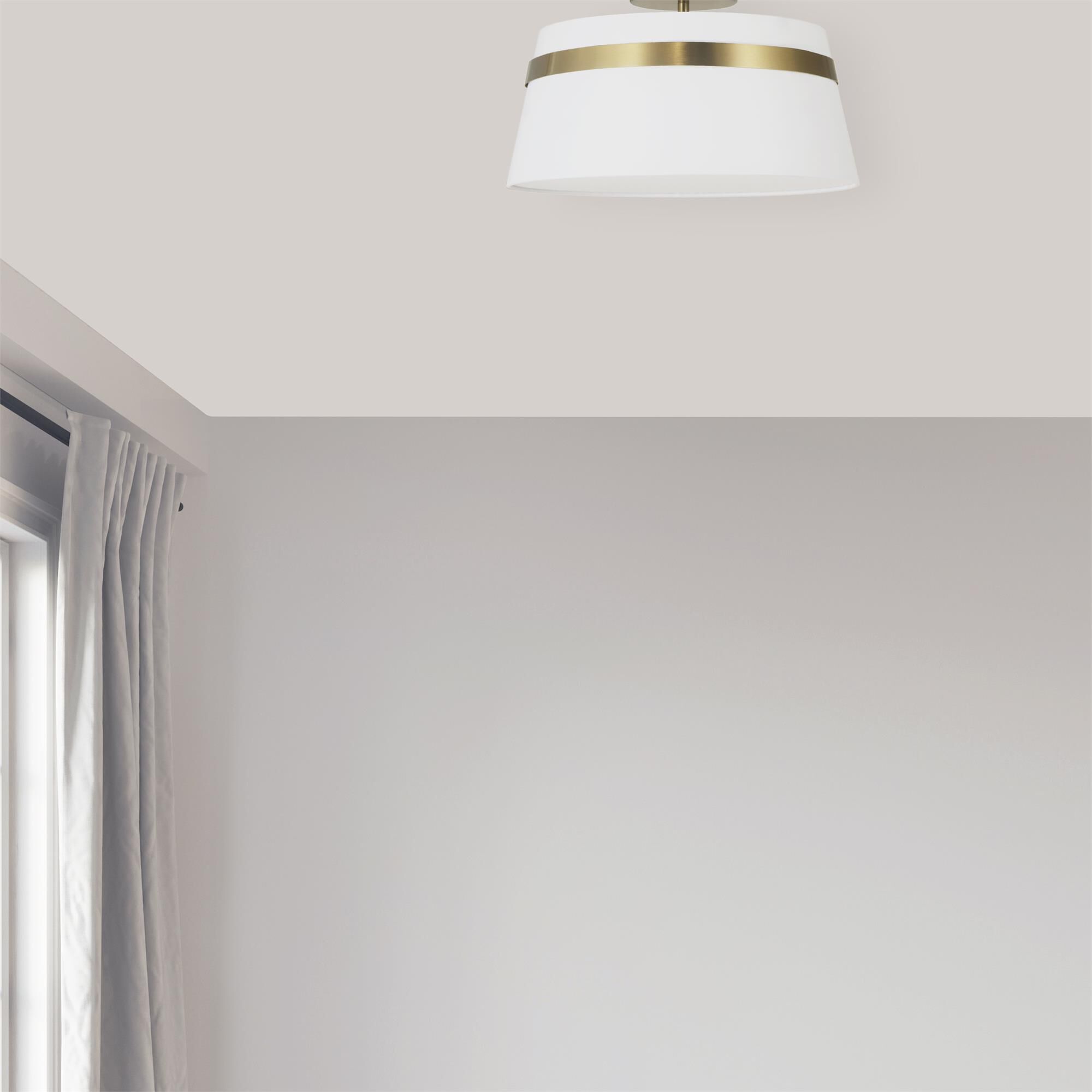 Shown in White and Aged Brass finish and White Fabric Tapered Drum shade