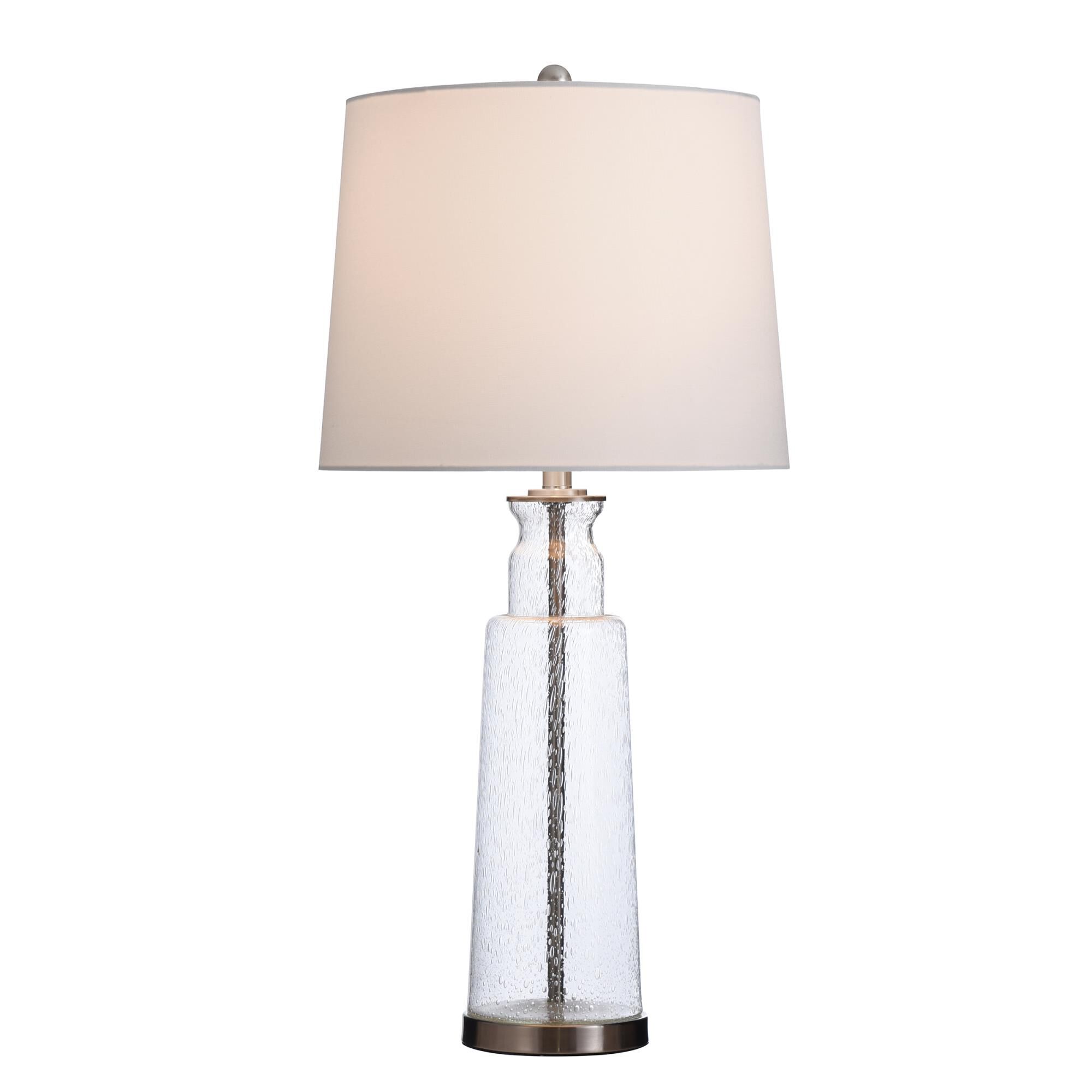 Shown in Clear Seeded With Brass Steel finish and White Hardback Fabric shade