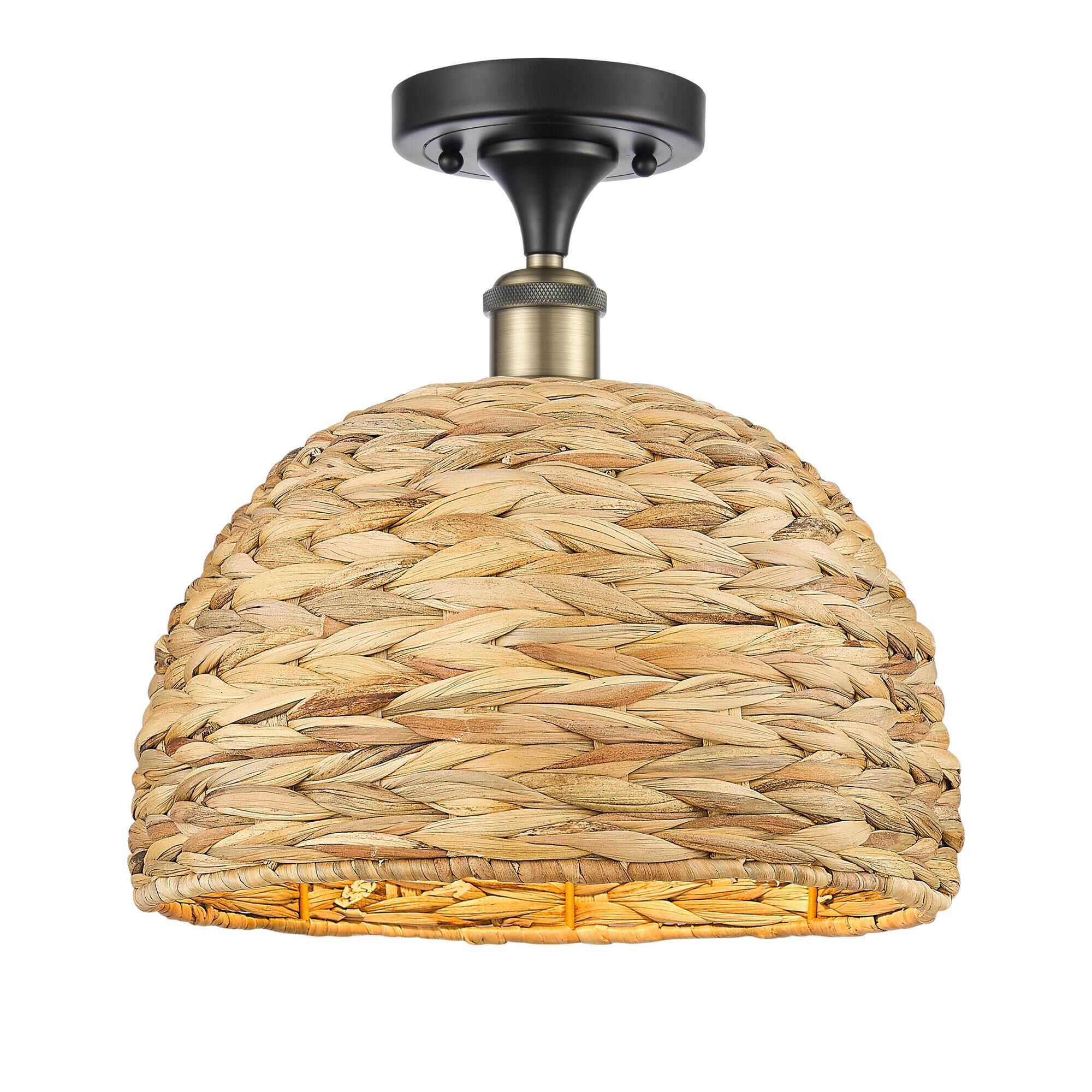 Shown in Black Antique Brass finish and Natural shade