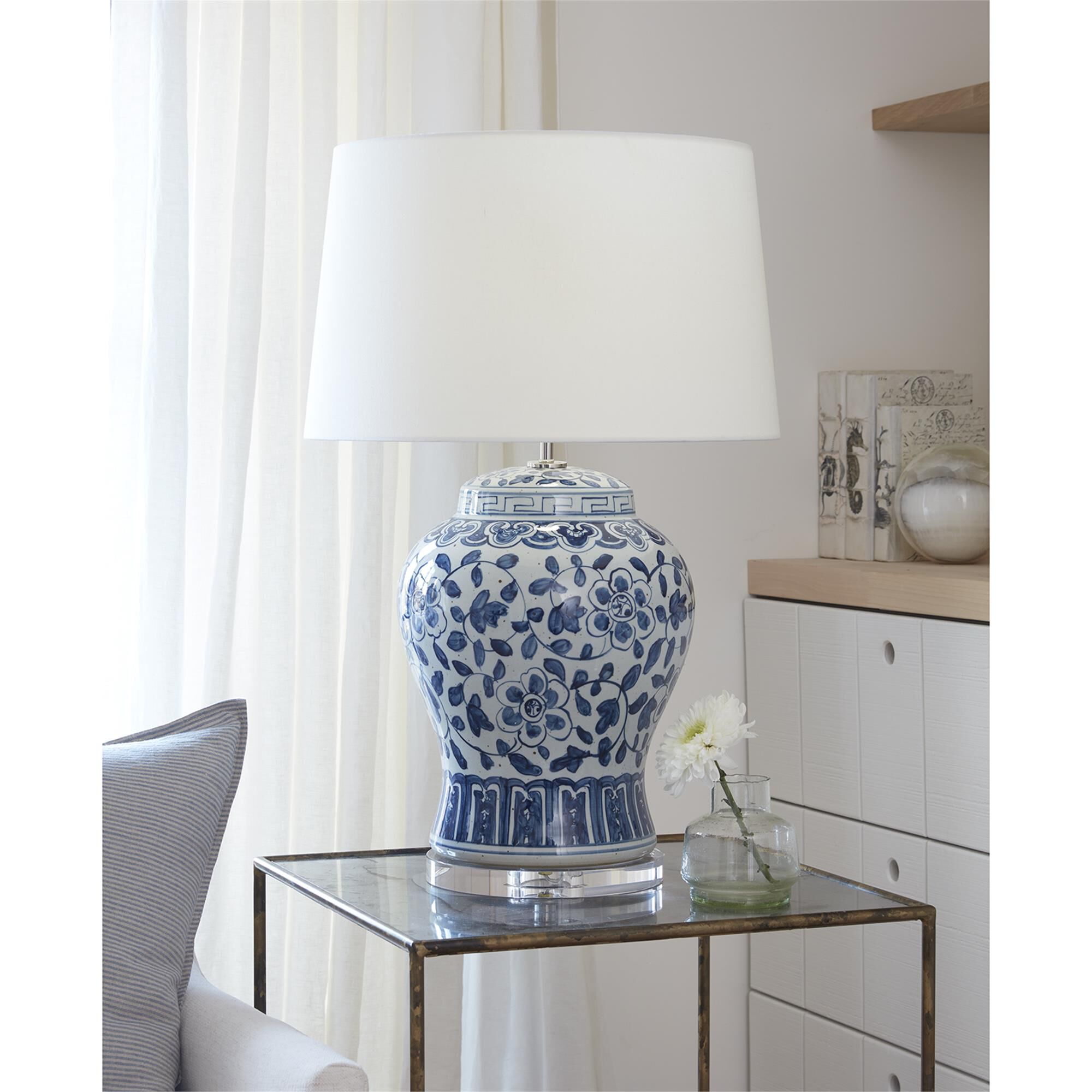 Shown in Blue finish and Linen shade