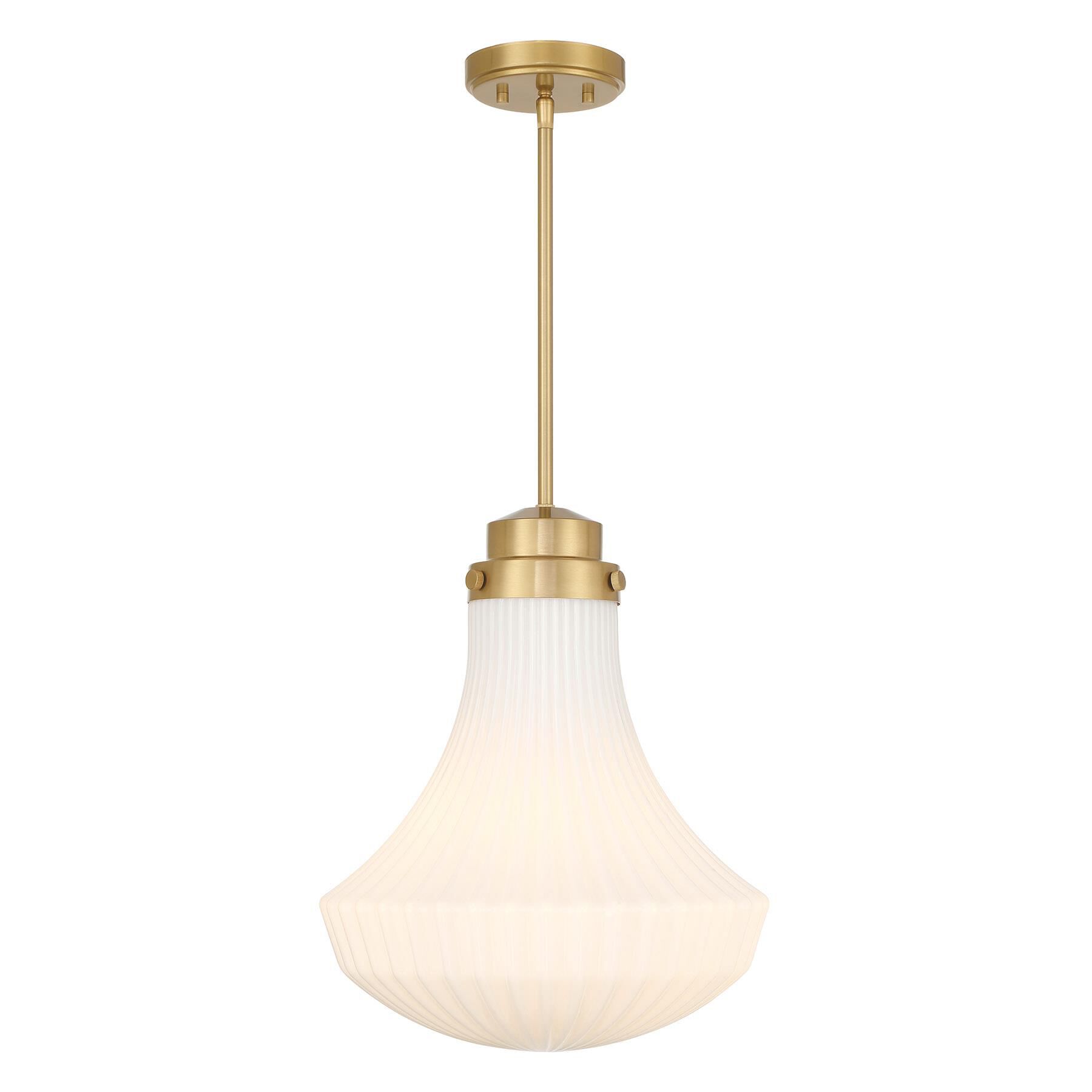 Shown in Warm Brass finish and White Ribbed glass