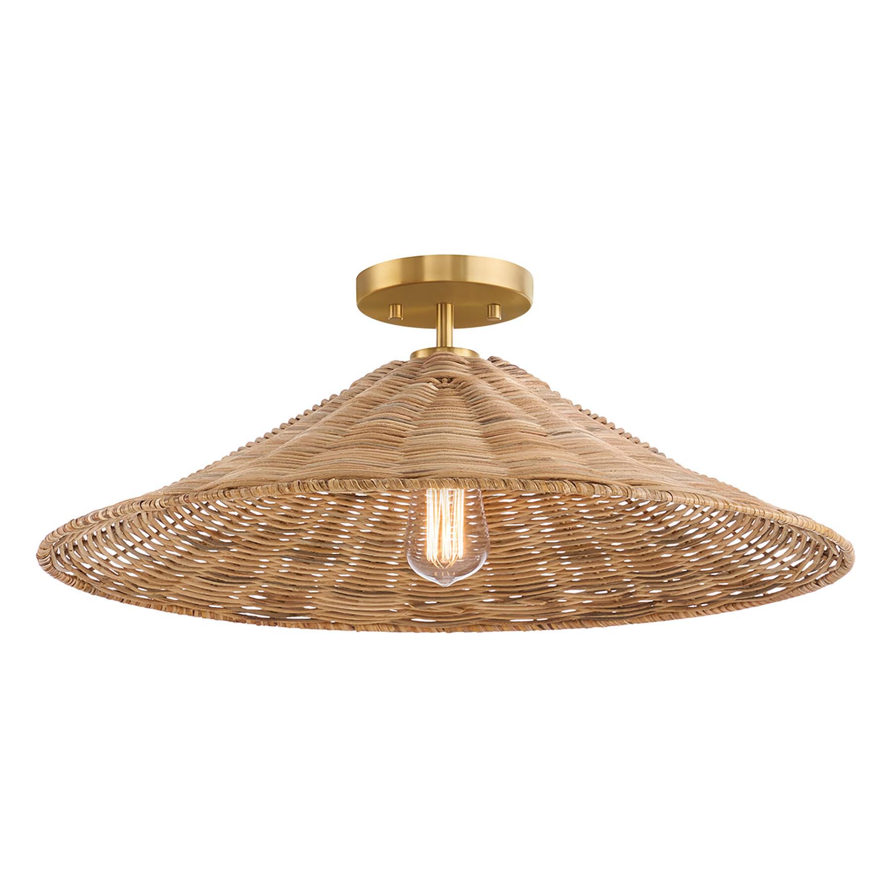 Shown in Natural Brass finish and Natural Rattan shade