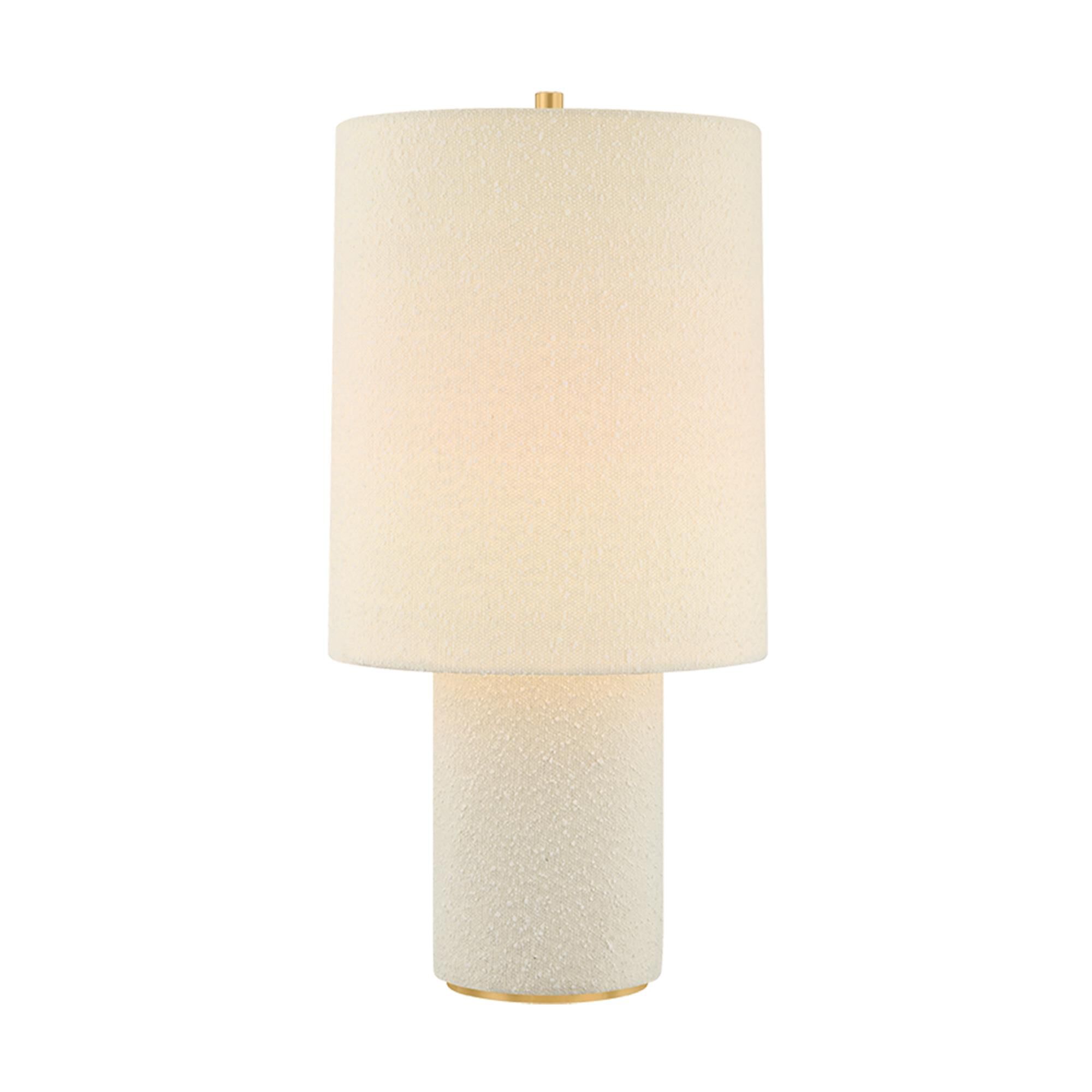 Shown in Aged Brass finish and Textured Linen shade