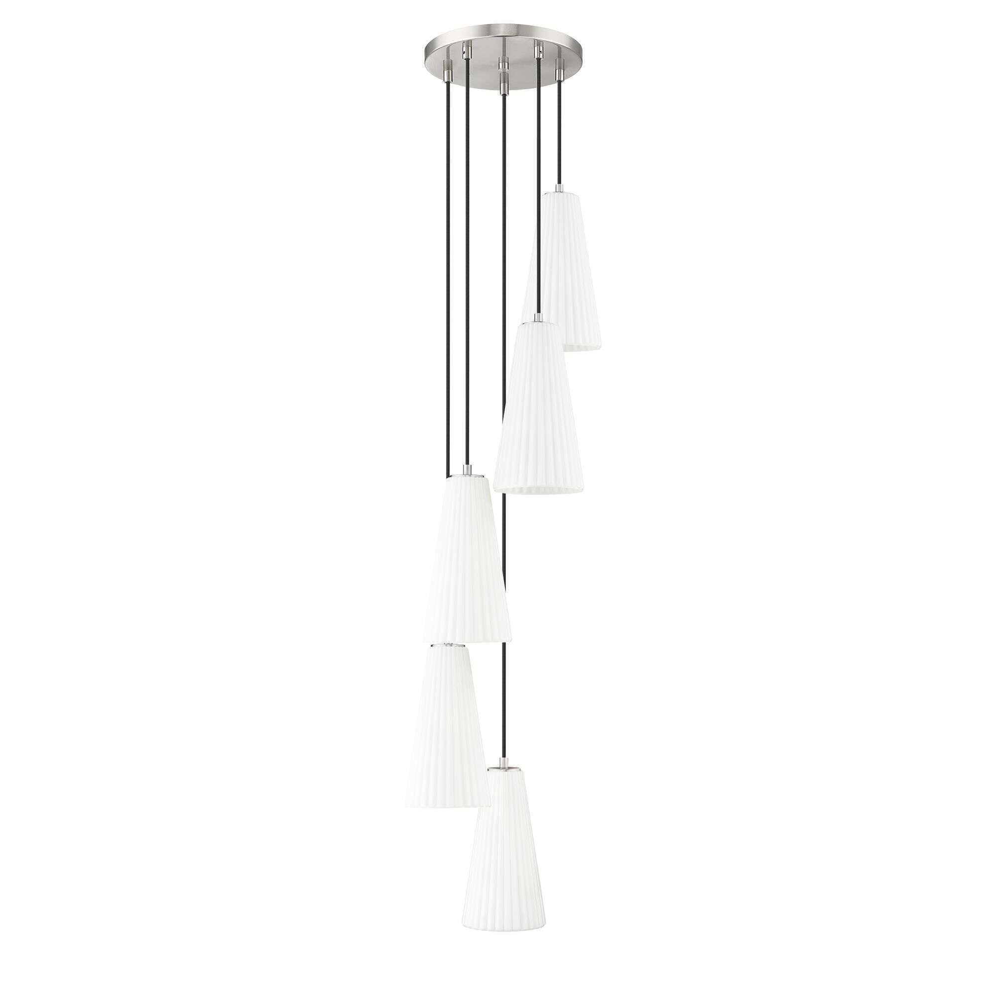 Shown in Brushed Nickel finish and White glass and White shade