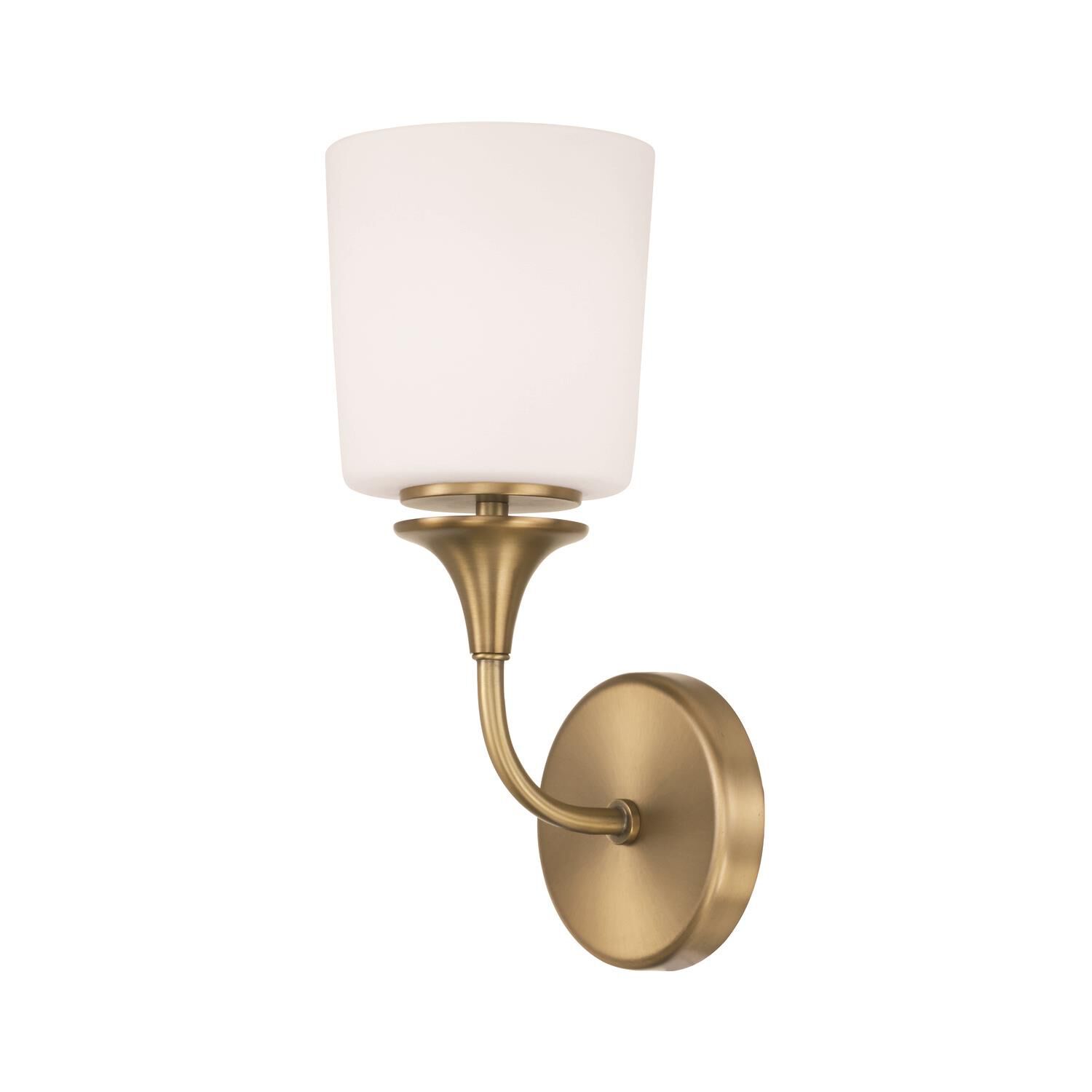 Shown in Aged Brass finish and Soft White glass