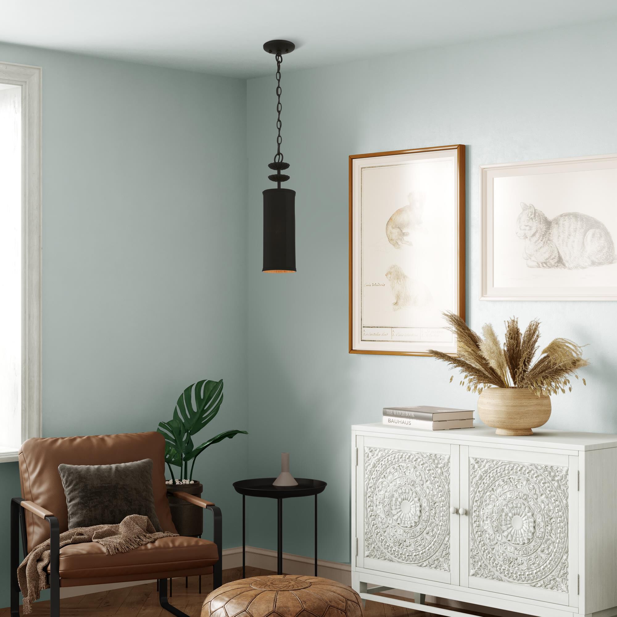 Shown in Black finish and Black Fabric Hardback with Orange Fabric Inside shade